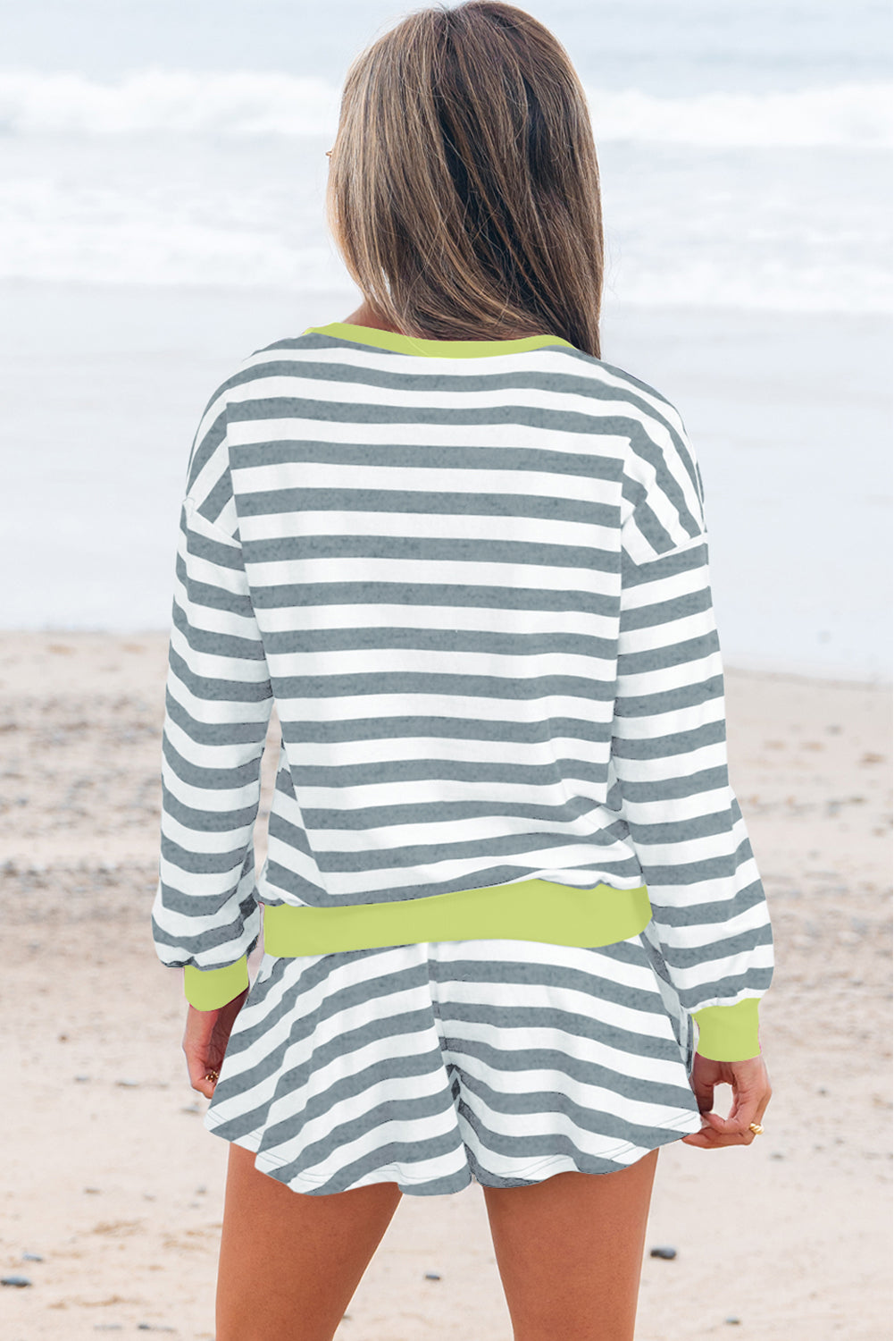 Gray Stripe Contrast Ribbed Banding Long Sleeve Blouse Loose Shorts Set