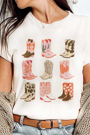 White Western Cowboy Boots Print Round Neck T Shirt