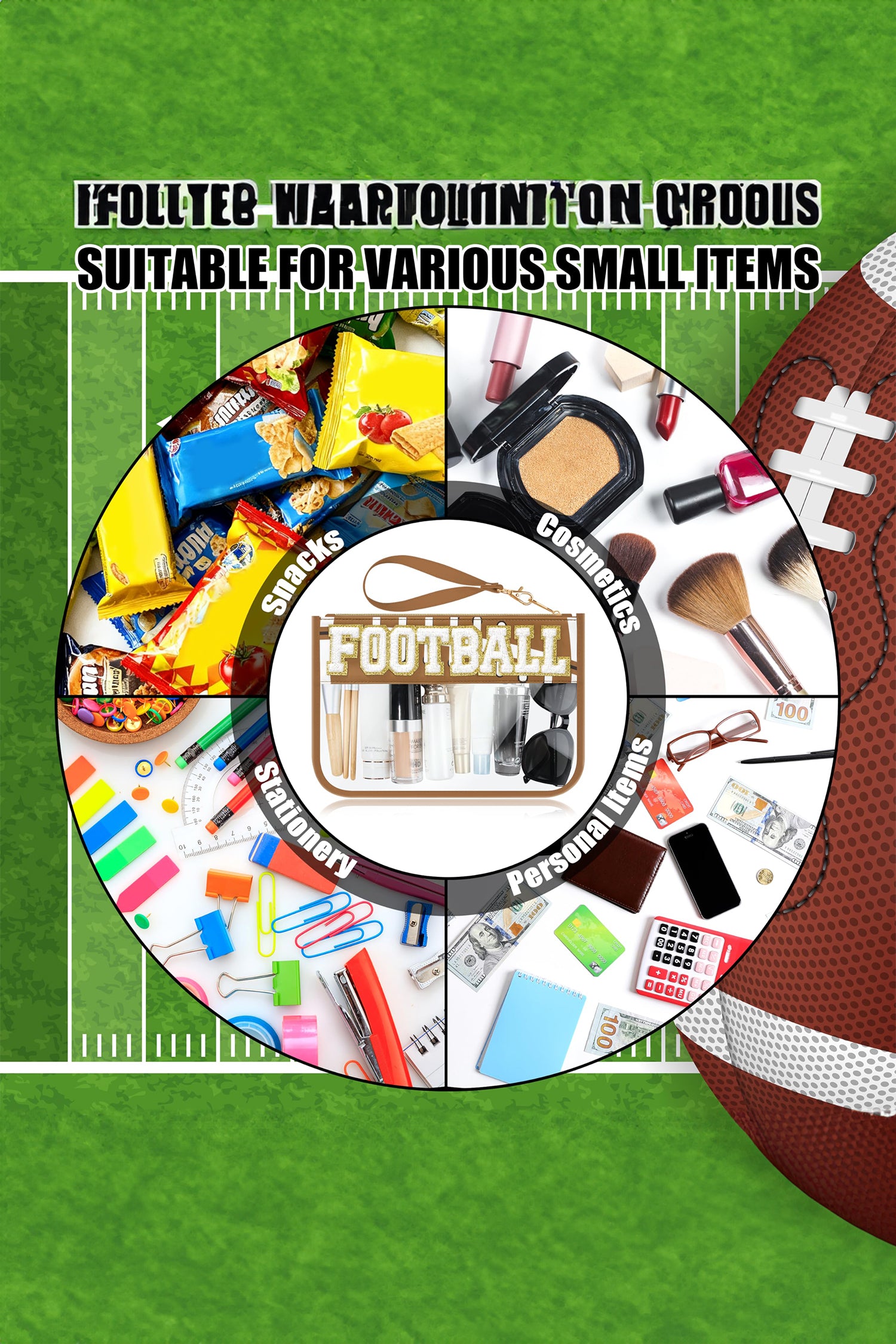 Brown BASEBALL  Chenille Letter Patch Game Day Stadium Clear PVC Cosmetic Bag