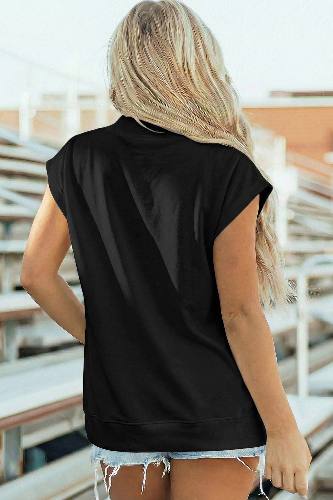 Black Sequin Bow Soccer Ball High Neck Short Sleeve Top