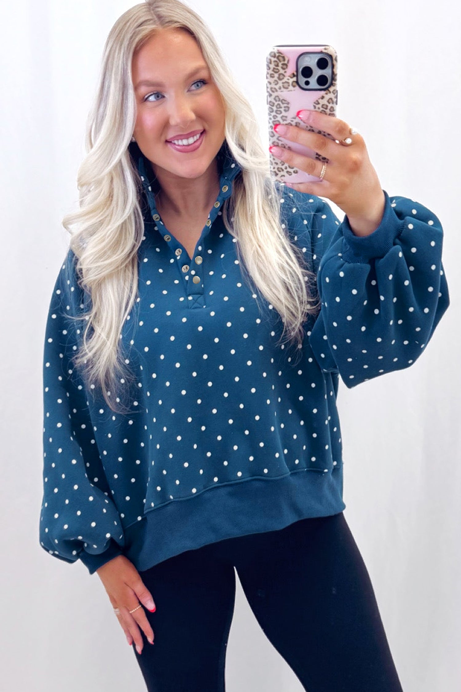 Blue Polka Dot Print Metal Button Collar Casual Pullover Sweatshirt