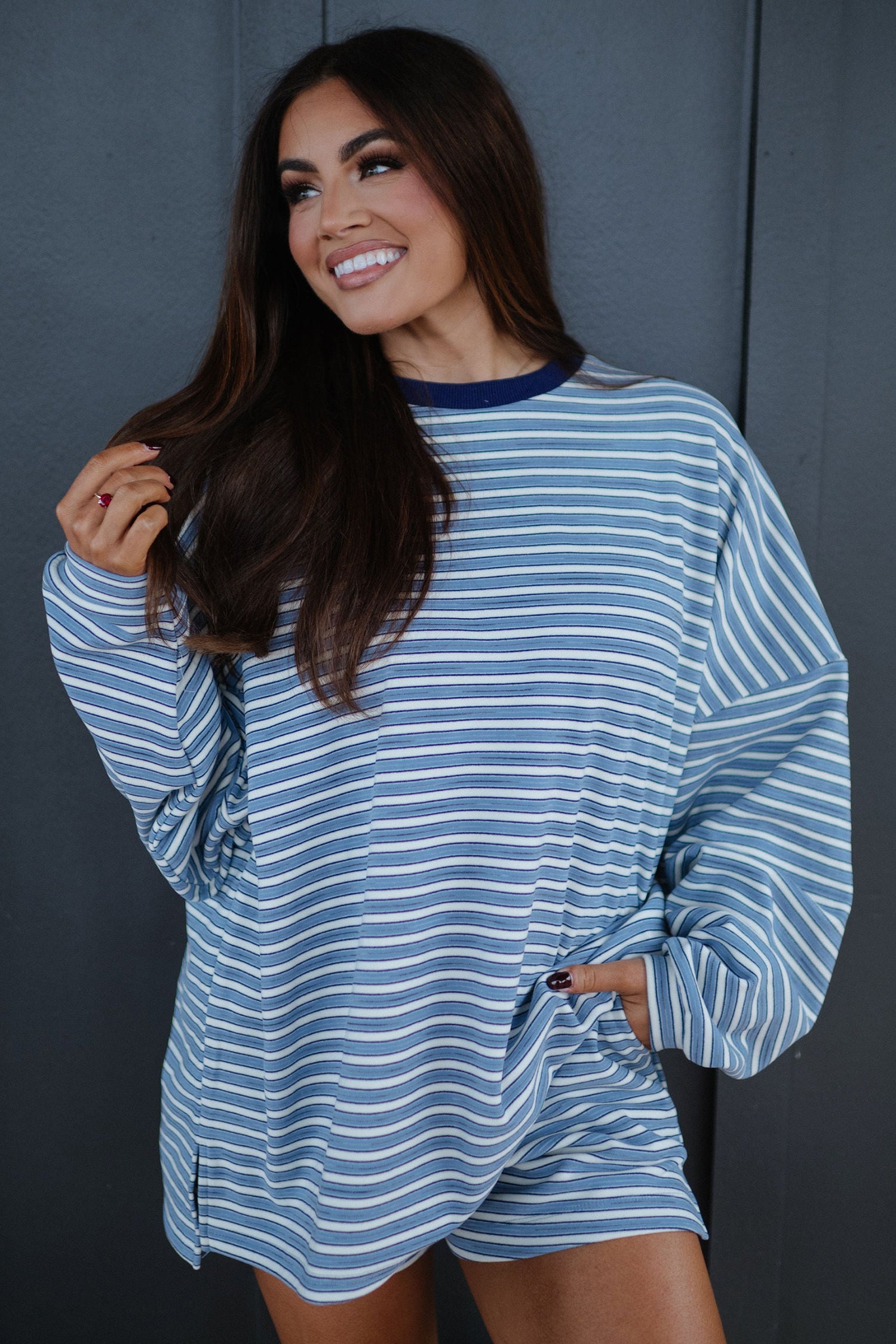 Sky Blue Stripe Long Sleeve Oversized Top Pocketed Casual Shorts Two Piece Set