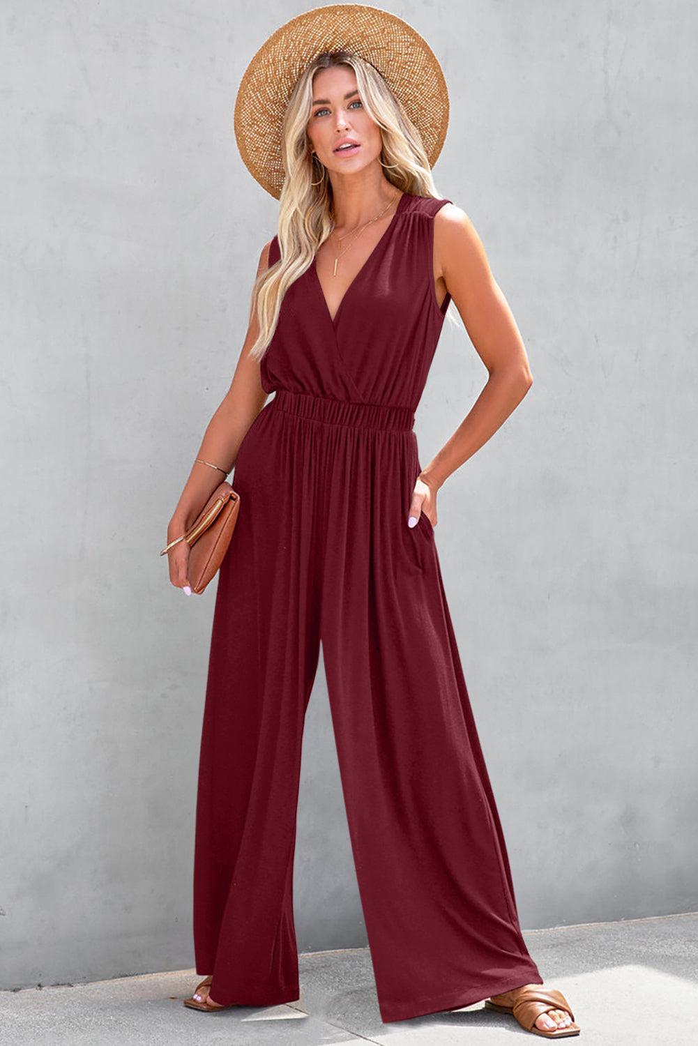 Burgundy Deep V Pleated Crisscross Wide Leg Backless Jumpsuit