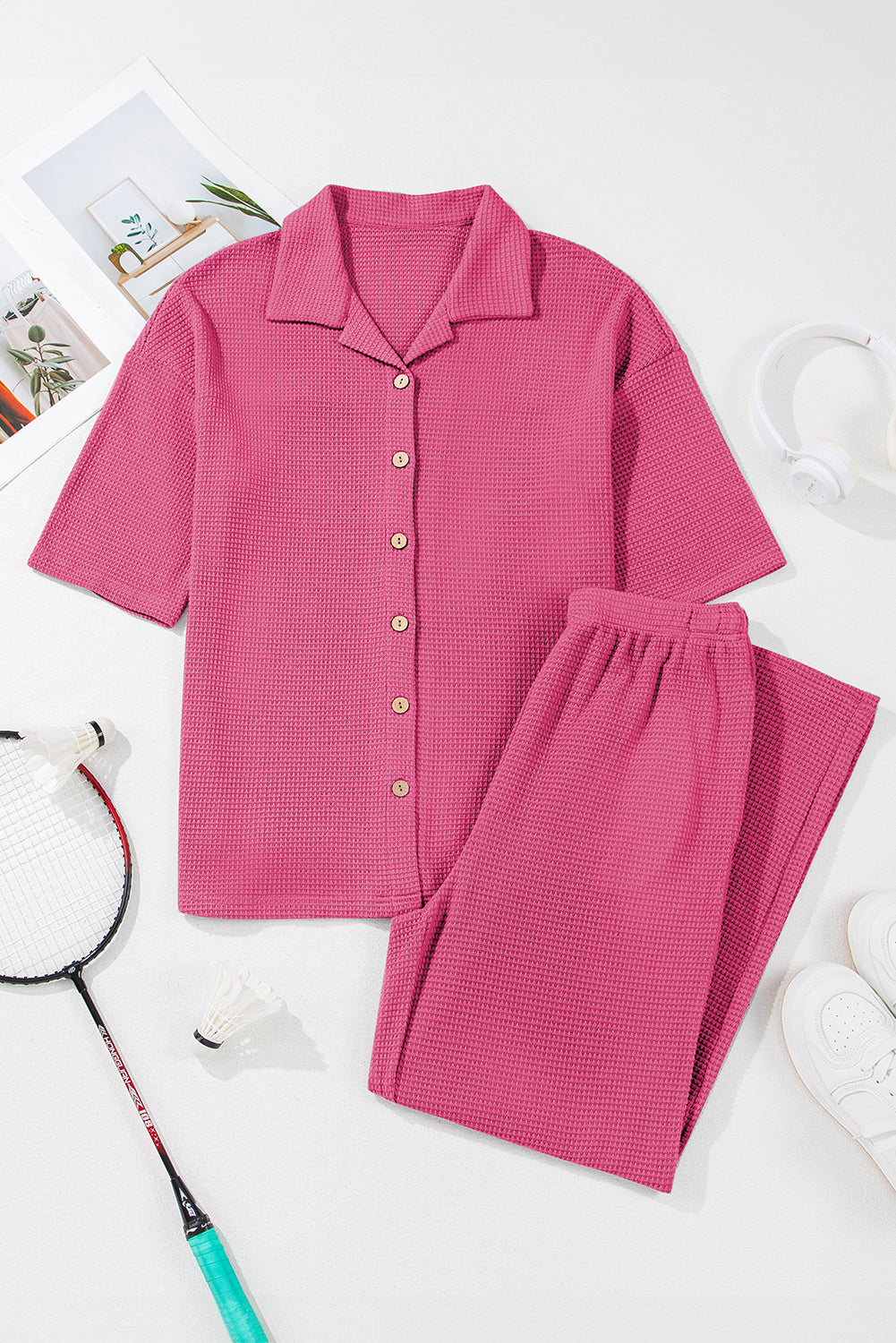 Rose Red Solid Color Textured Buttoned Shirt and Casual Pants Set