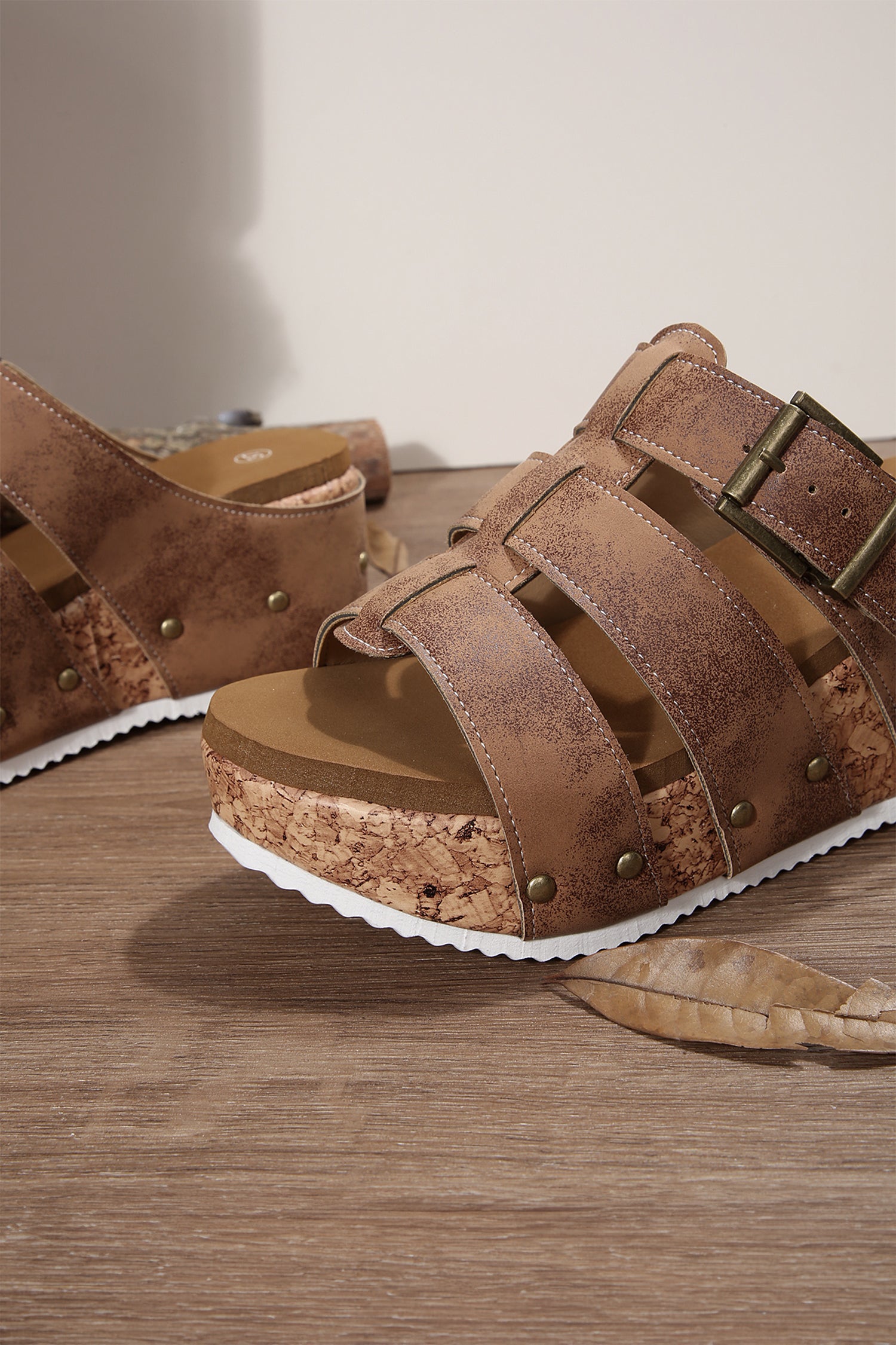 Brown Retro Vegan Leather Studded Cage Cork Wedge Platform Slippers
