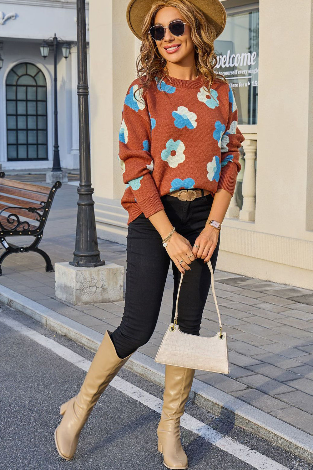 Brown Color Block Flower Cute Pattern Drop Shoulder Bulk Sweater