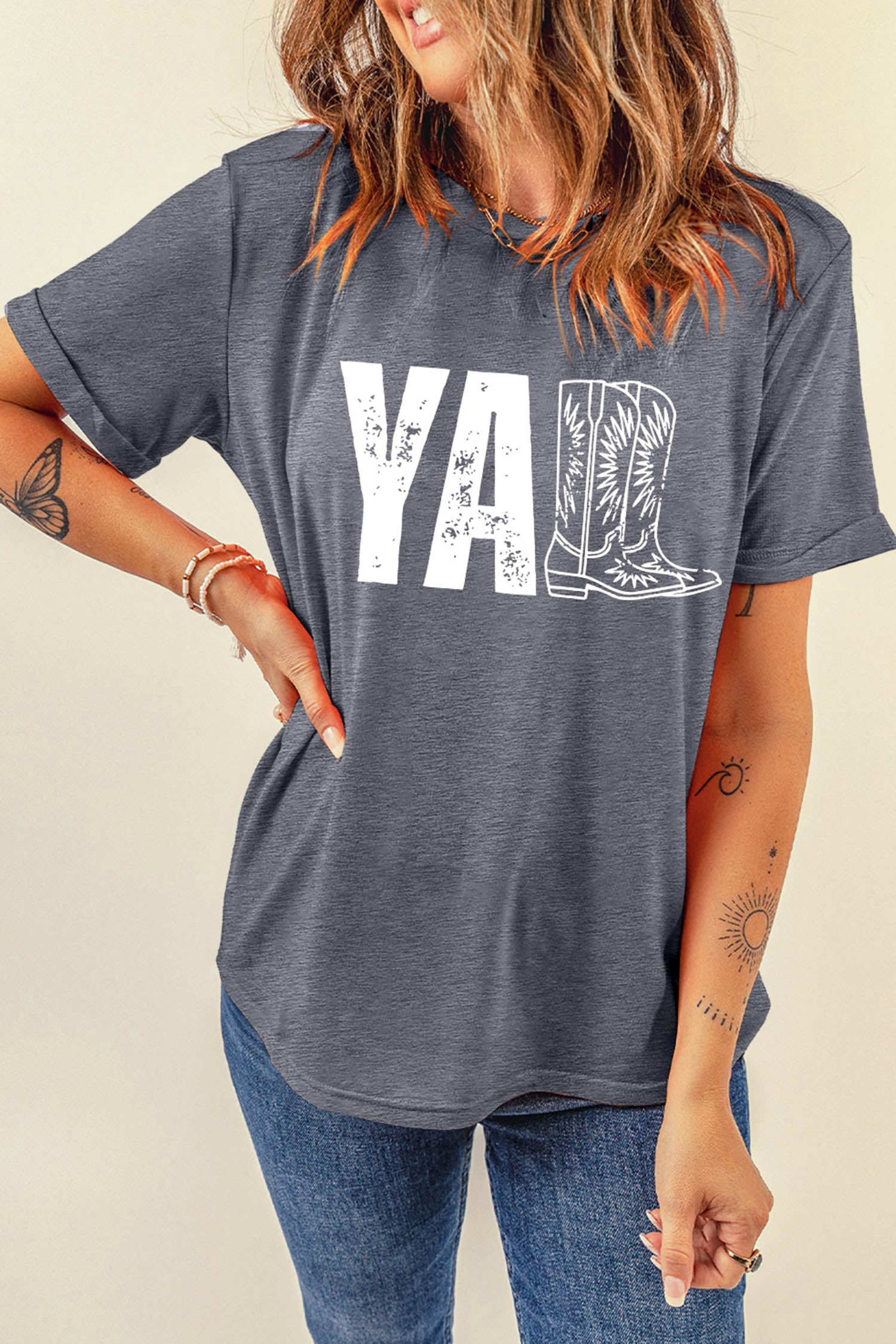 Gray Western YALL Boots Print Round Neck Casual T Shirt