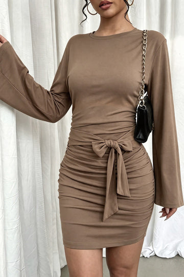 Dark Khaki Elegant Ruched Knot Long Sleeve Mini Dress