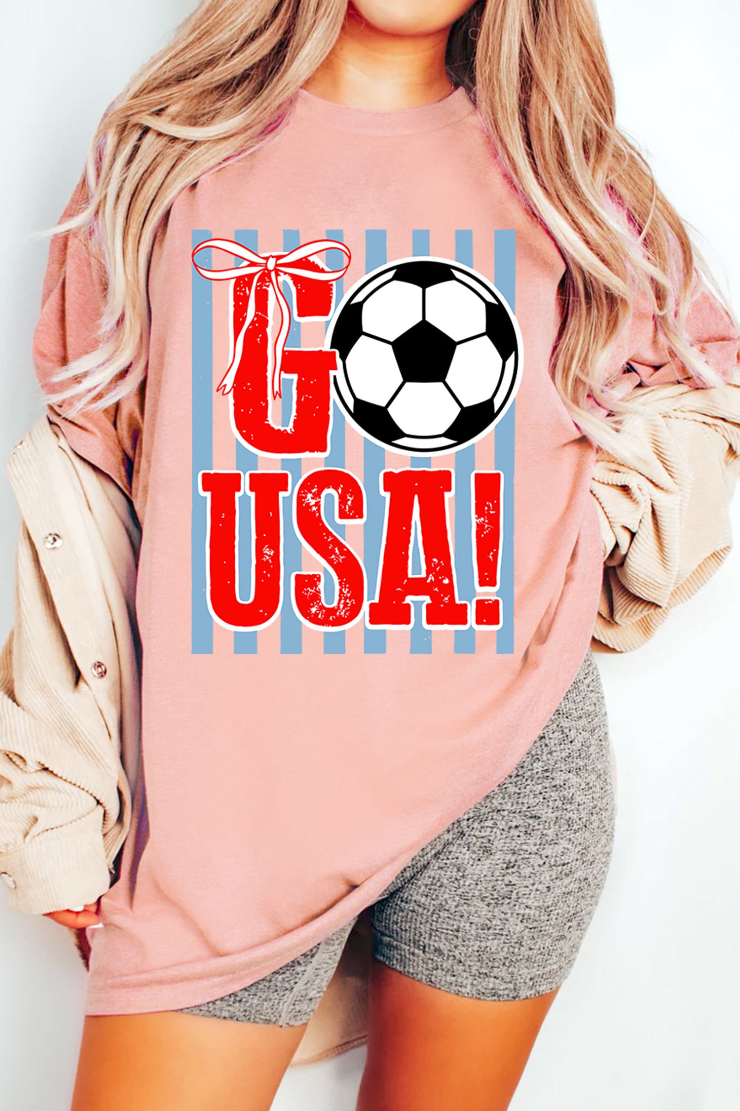 Pink GO USA Soccer Striped Print T Shirt