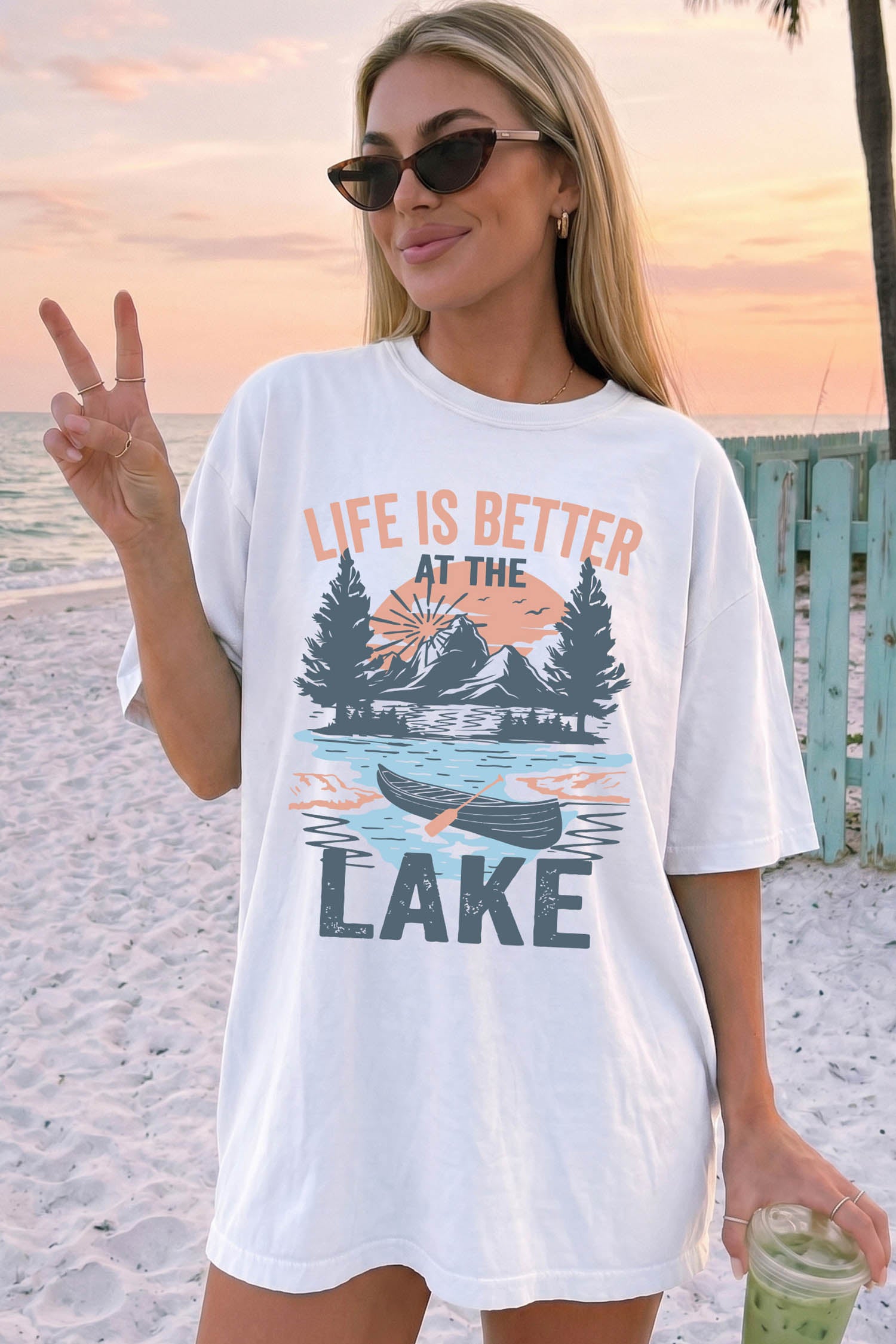 White LIFE IS BETTER AT THE LAKE Graphic Tunic T Shirt