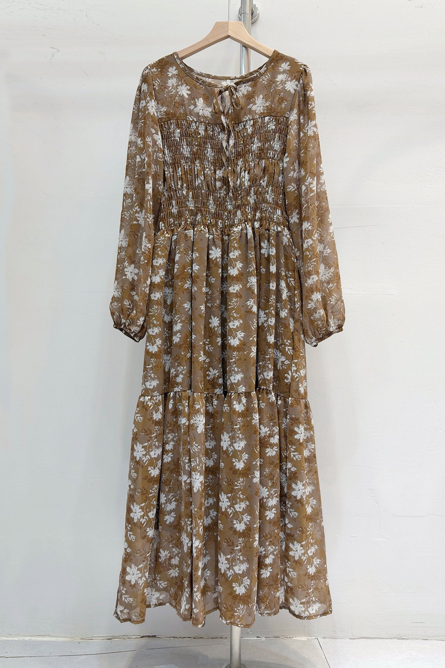 Brown Floral Print Long Sleeve Tie Shirred Detail Maxi Dress