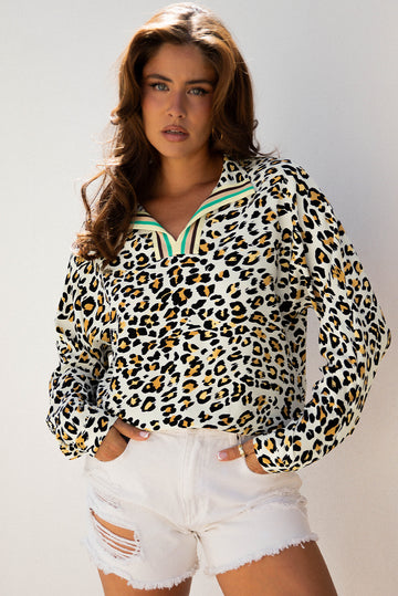 Khaki Leopard Print Contrast Striped V Neck Blouse