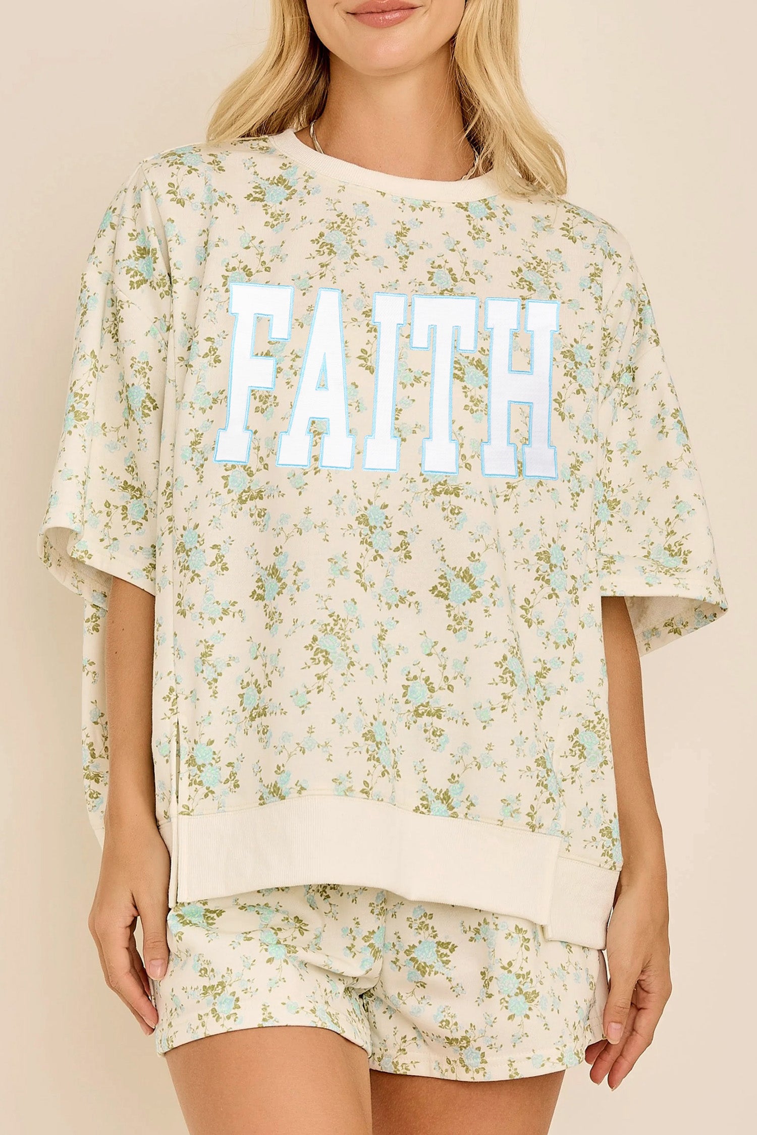 Sky Blue Floral Print FAITH Graphic Short Sleeve Top Loose Short Set