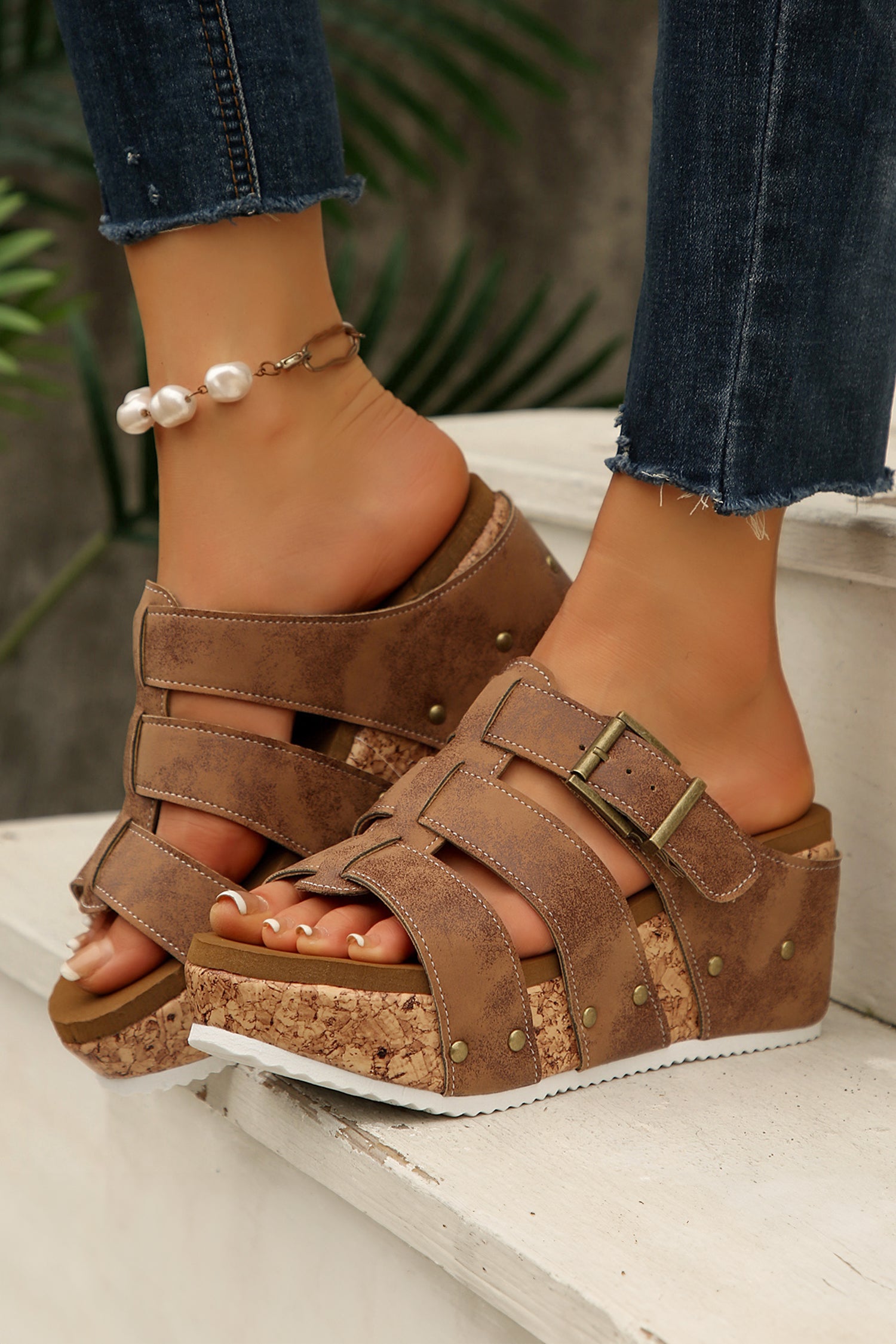 Brown Retro Vegan Leather Studded Cage Cork Wedge Platform Slippers