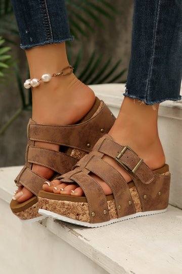 Brown Retro Vegan Leather Studded Cage Cork Wedge Platform Slippers