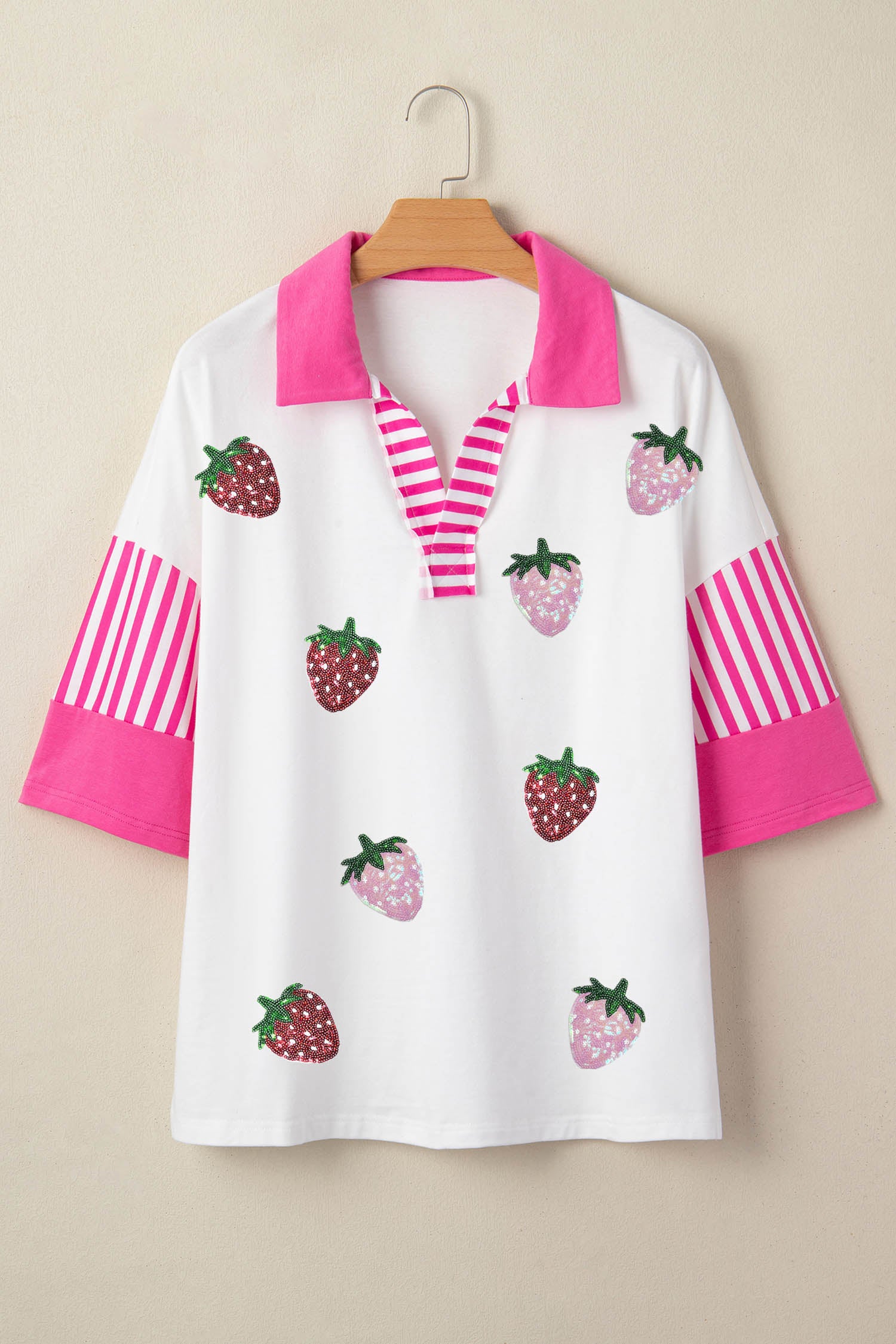 White Sequin Strawberry Print V Neck Striped Sleeve Casual Summer Tee