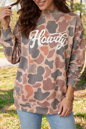 Multicolour Camo Print Howdy Western Style Baggy Pullover Sweatshirt