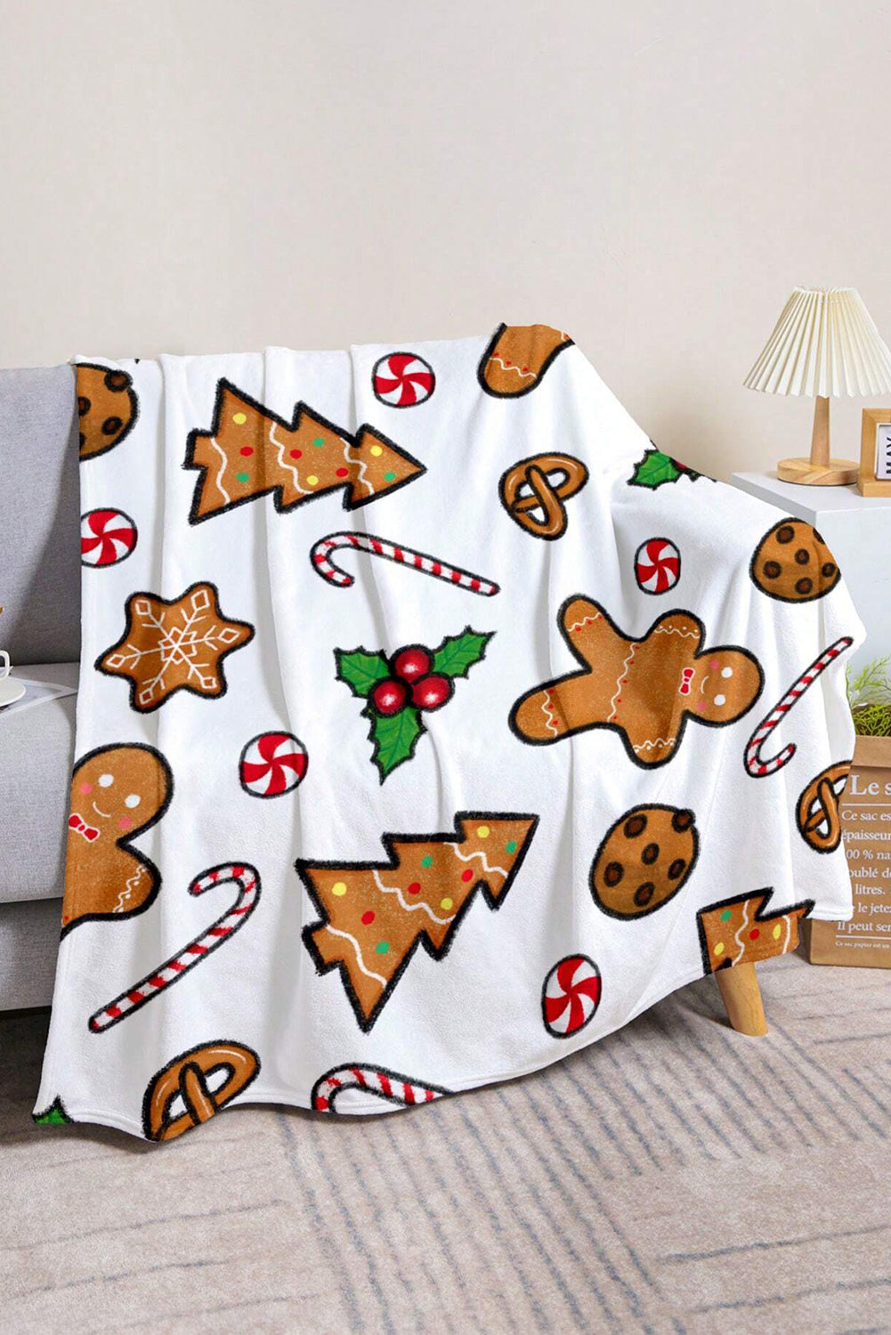 White Christmas Gingerbread Man Candy Elements Printed Blanket