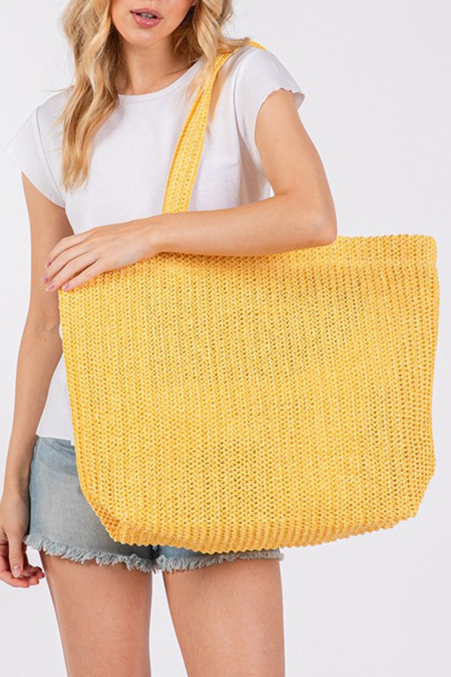 Ginger Solid Color Straw Woven Summer Beach Tote Bag