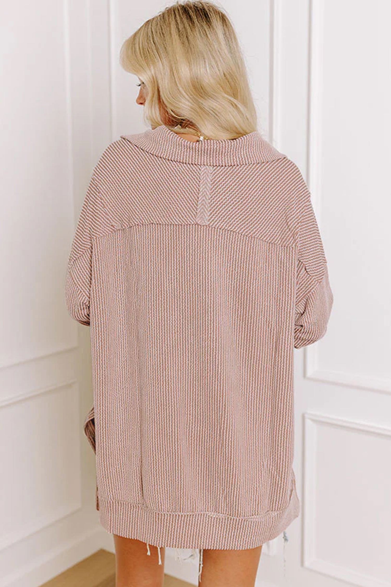Oatmeal Twist Ribbed Zipper Collar Drop Shoulder Long Sleeve Top
