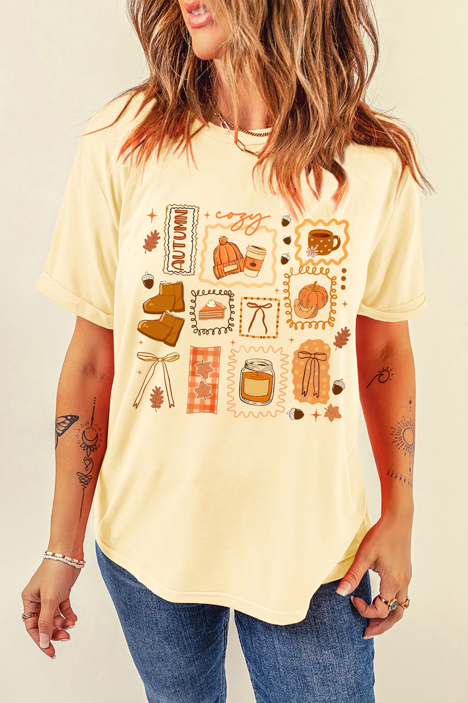 Yellow Cream Cozy Autumn Graphic Round Neck Relaxed T-Shirt