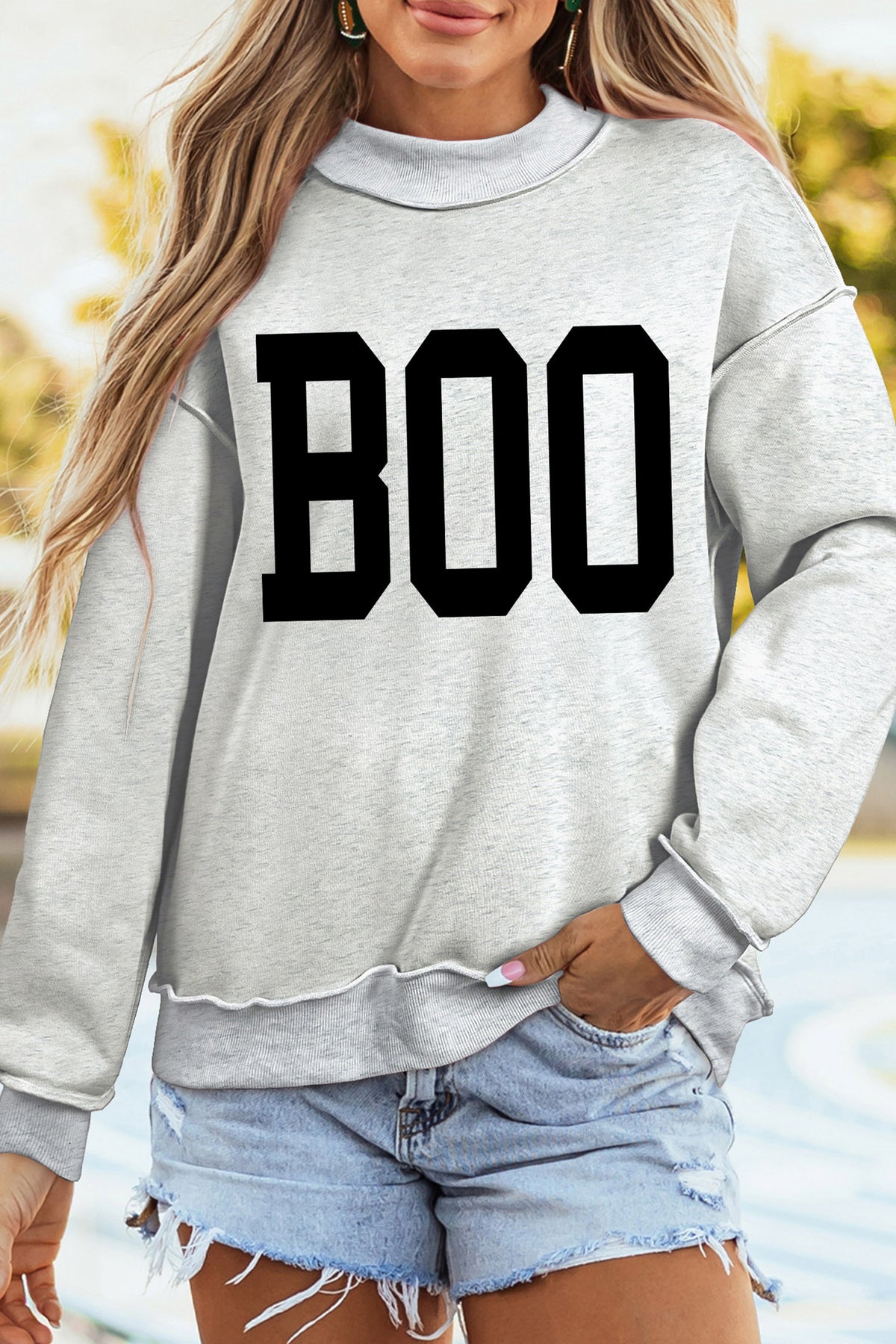 Light Grey BOO/ Halloween Bat Printed Reversible Mock Neck Pullover Sweatshirt