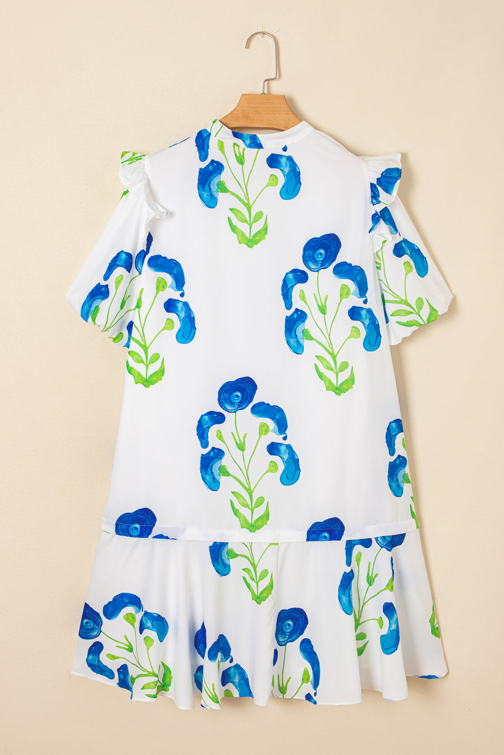 Sky Blue Floral Bubble Sleeve Plus Size Ruffled Mini Dress With Pockets