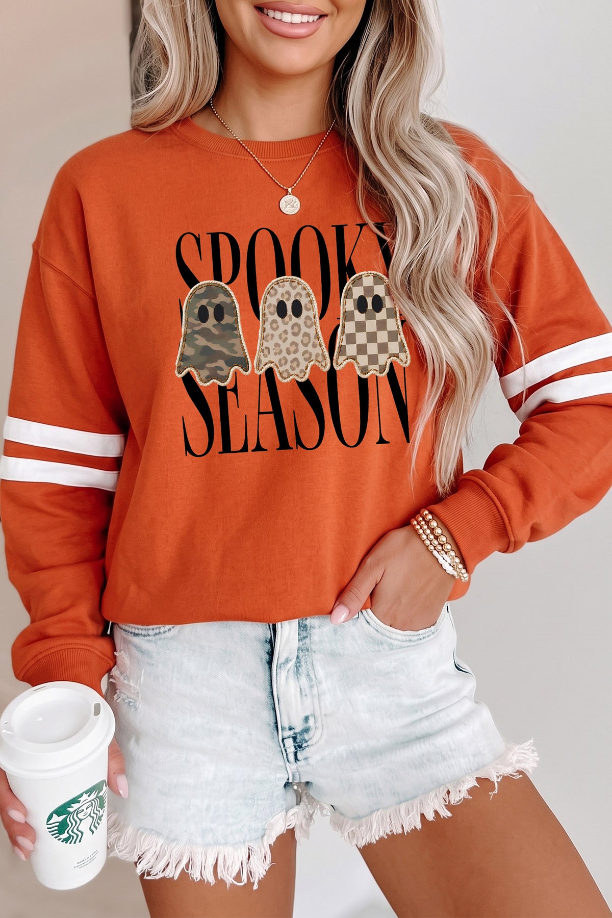 Orange Spooky Season Ghost Graphic Varsity Striped Sleeve Halloween Pullover Sweatshirt
