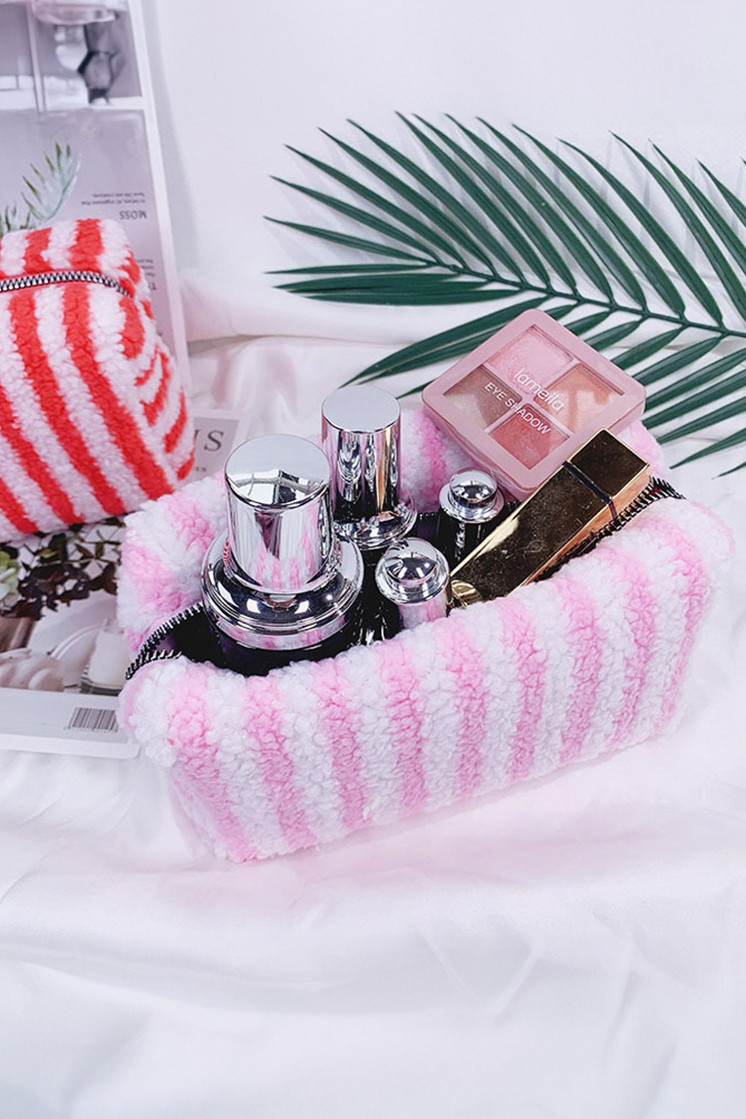 Pink Plush Striped Microfiber Cosmetic Bag with Key Charm Zipper Closure