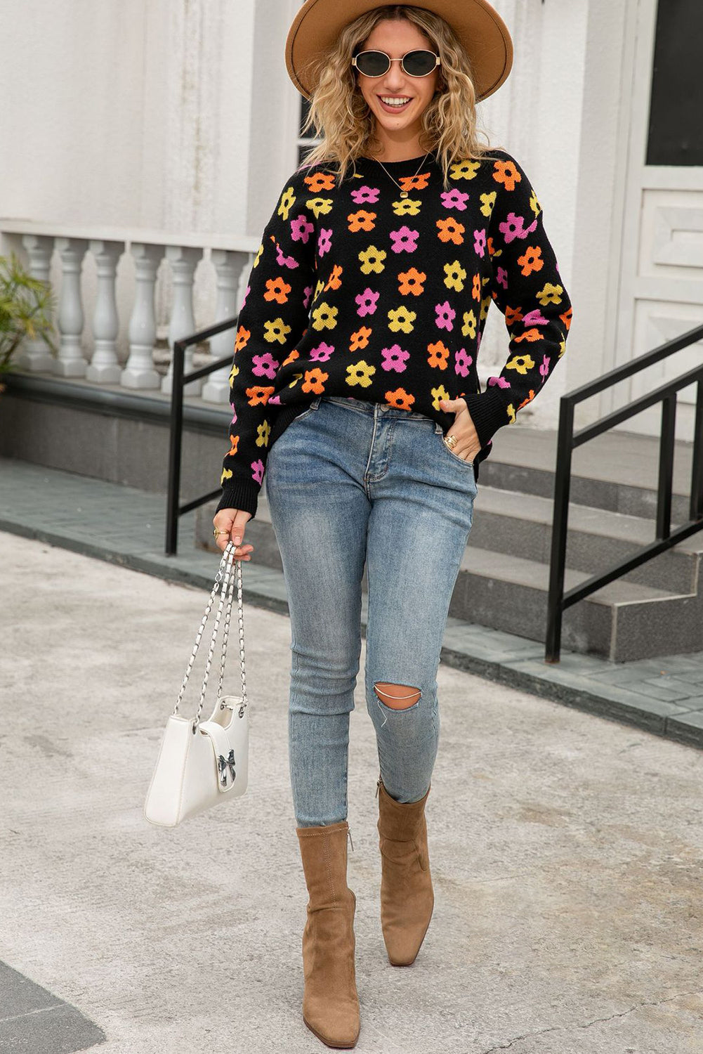 Black Cute Flower Allover Ribbed Trimmed Drop Shoulder Pullover Sweater