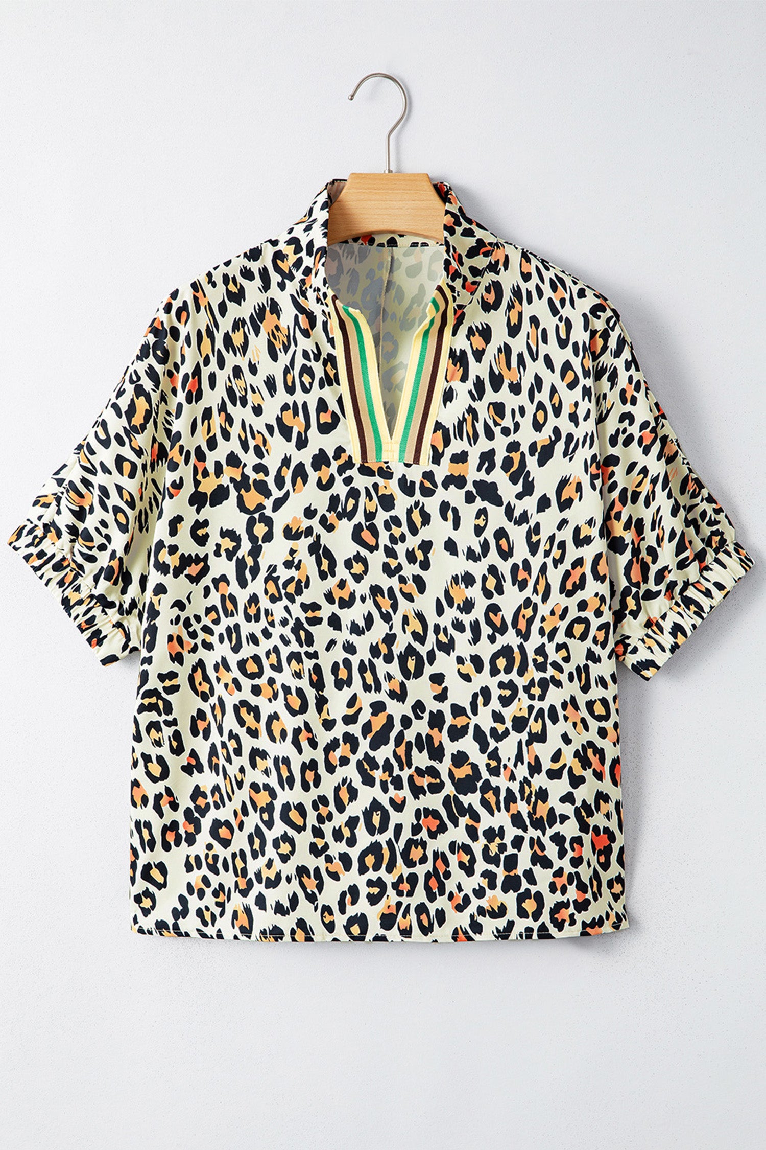 Khaki Leopard Color Block Contrast Striped V Neck Half Sleeve Loose Fit Blouse
