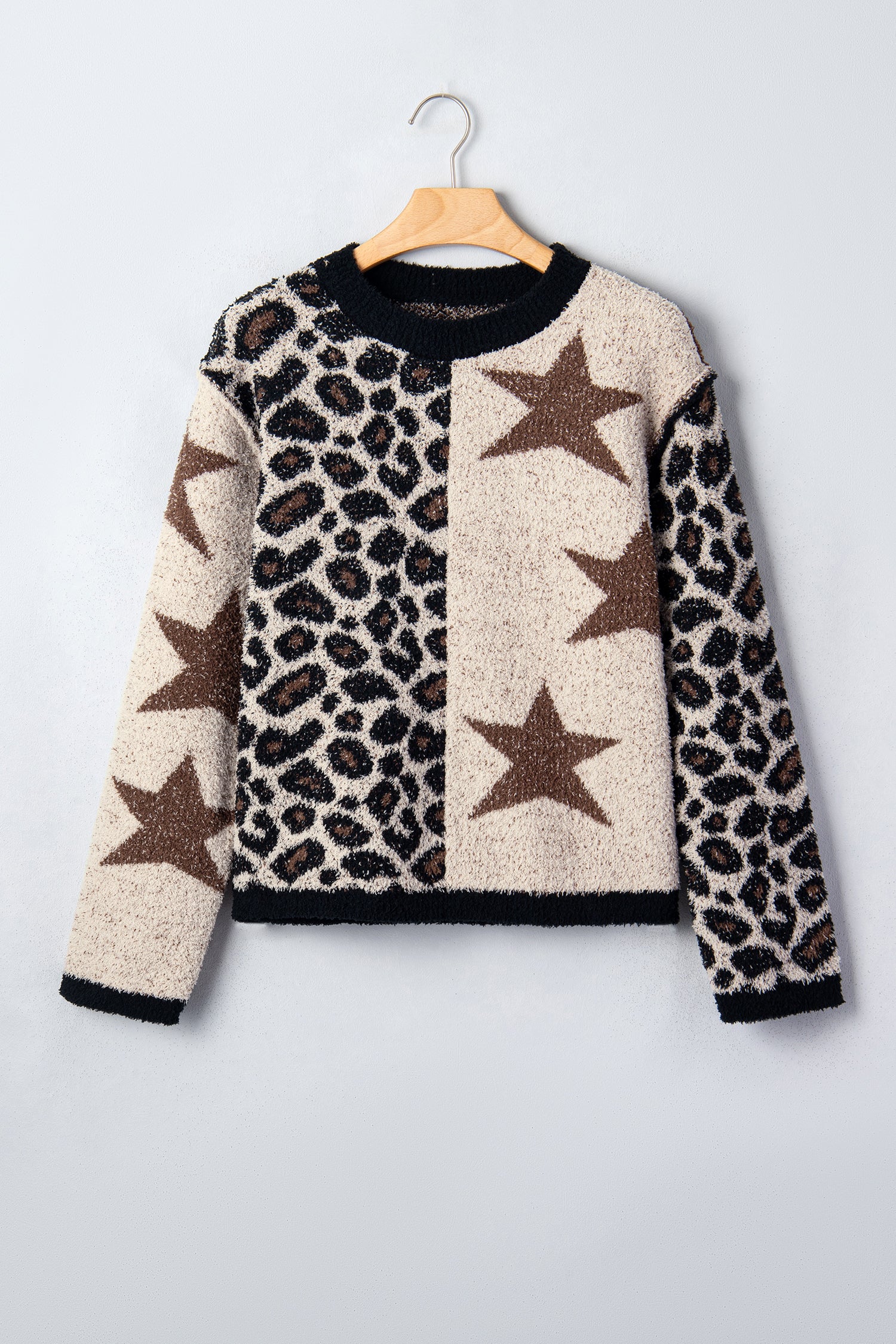 Smoke Gray Leopard Star Pattern Round Neck Long Sleeve Shift Sweater