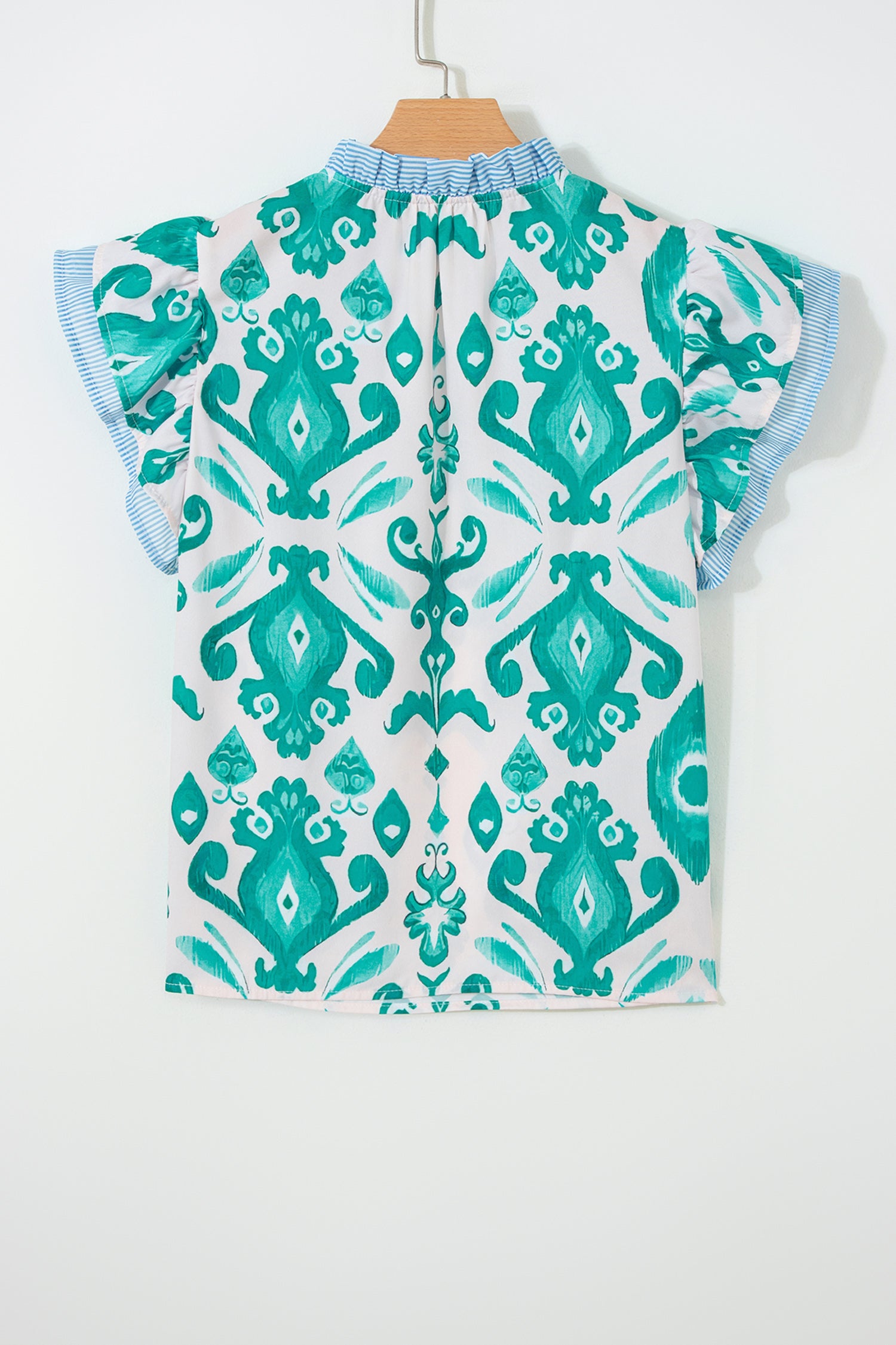 Sky Blue Ethnic Print Striped Trim Flutter Sleeve Top