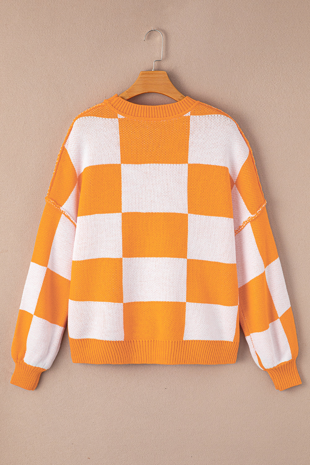 Grapefruit Orange Checkered Bishop Sleeve Sweater