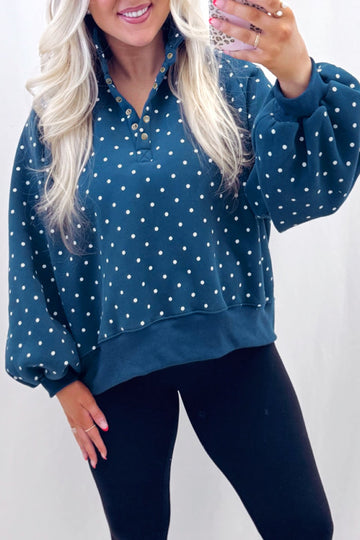 Blue Polka Dot Print Metal Button Collar Casual Pullover Sweatshirt