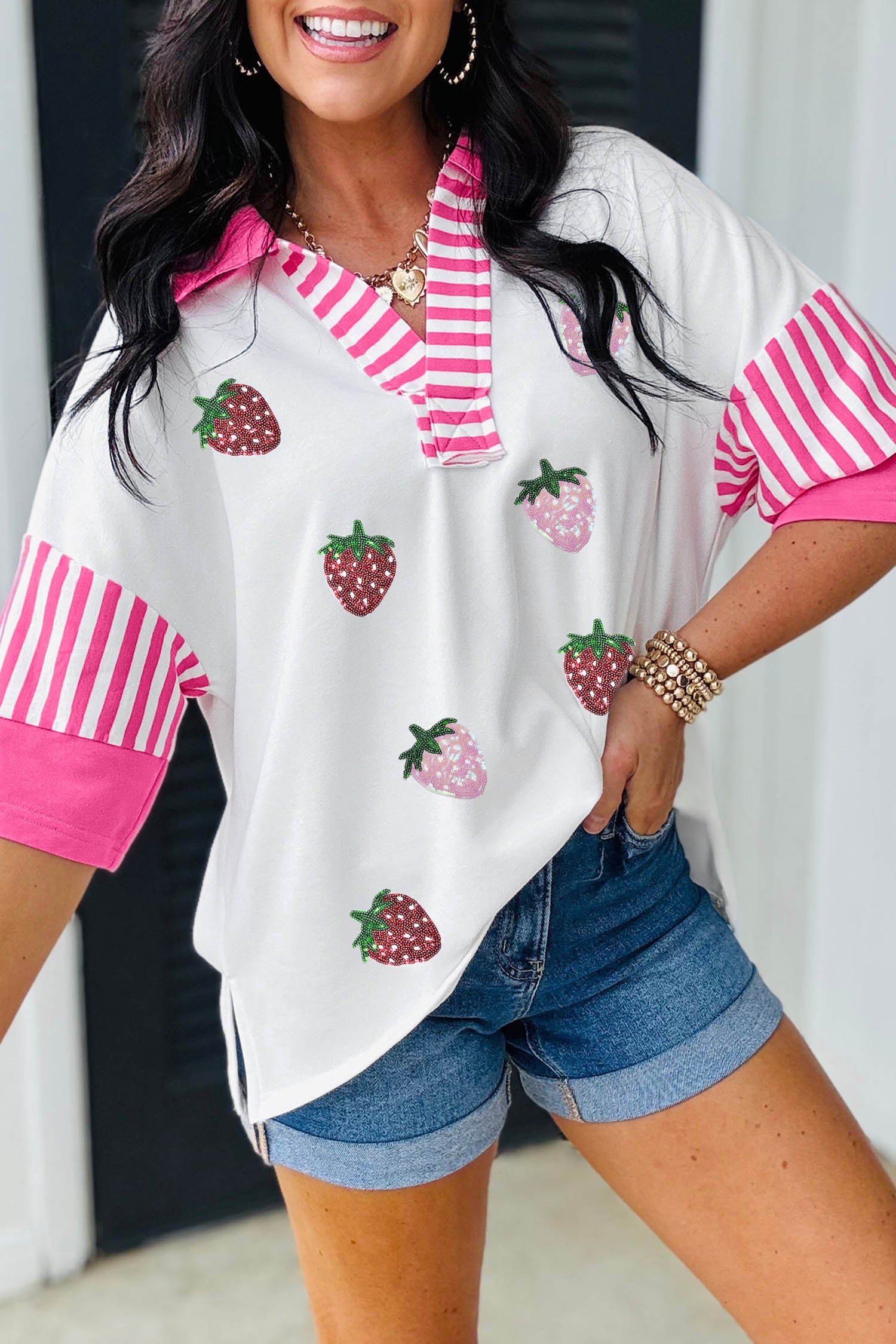 White Sequin Strawberry Print V Neck Striped Sleeve Casual Summer Tee