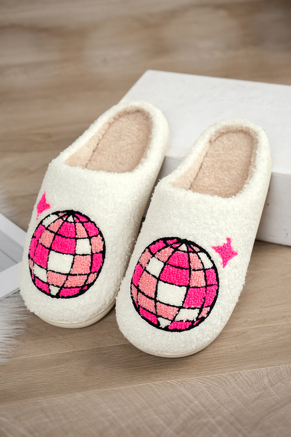 White Disco Ball Print Fuzzy Winter House Slippers