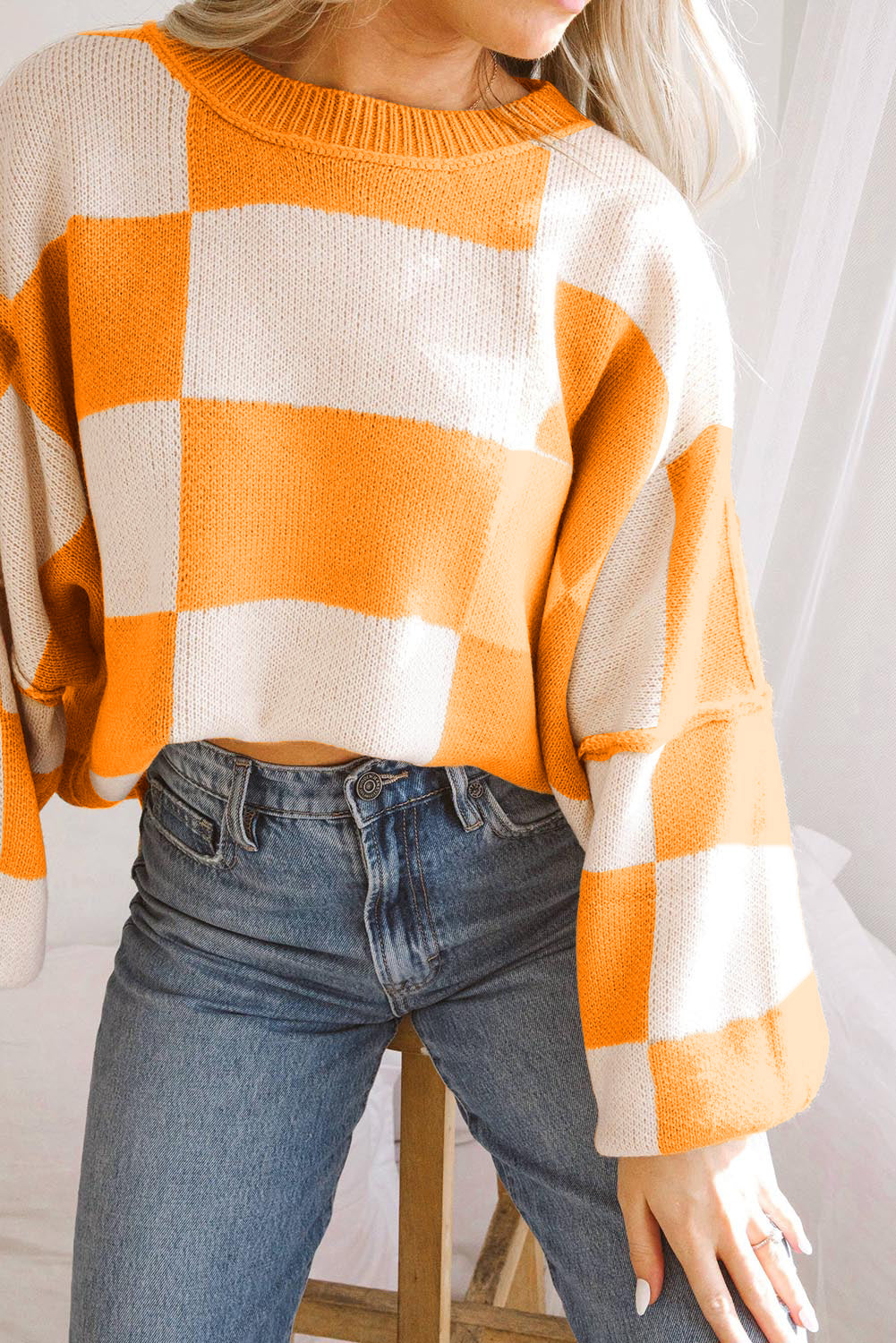 Grapefruit Orange Checkered Bishop Sleeve Sweater