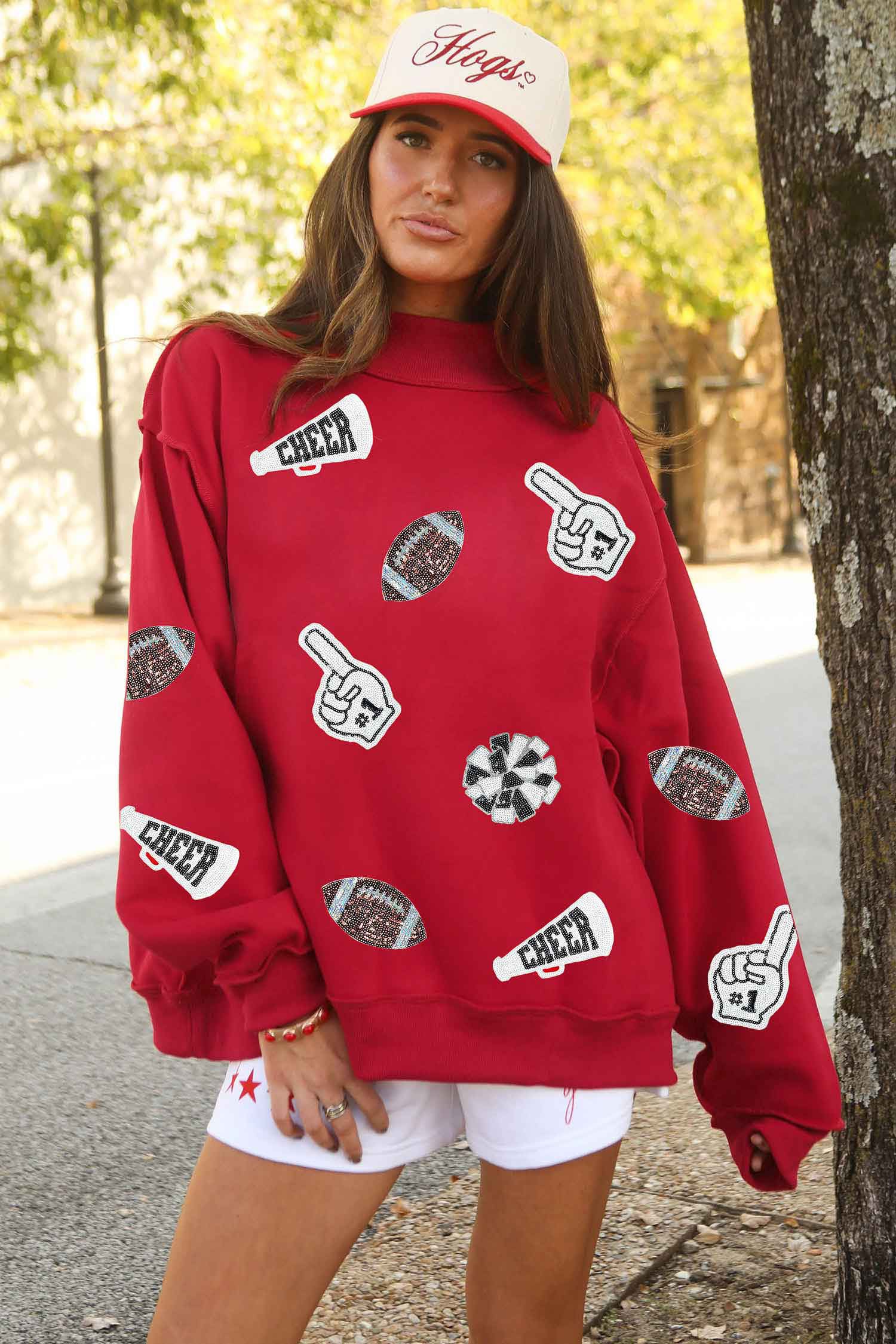 Racing Red Exposed Seam Mock Neck Dropped Shoulder Sequin Game Day Cheer Sweatshirt