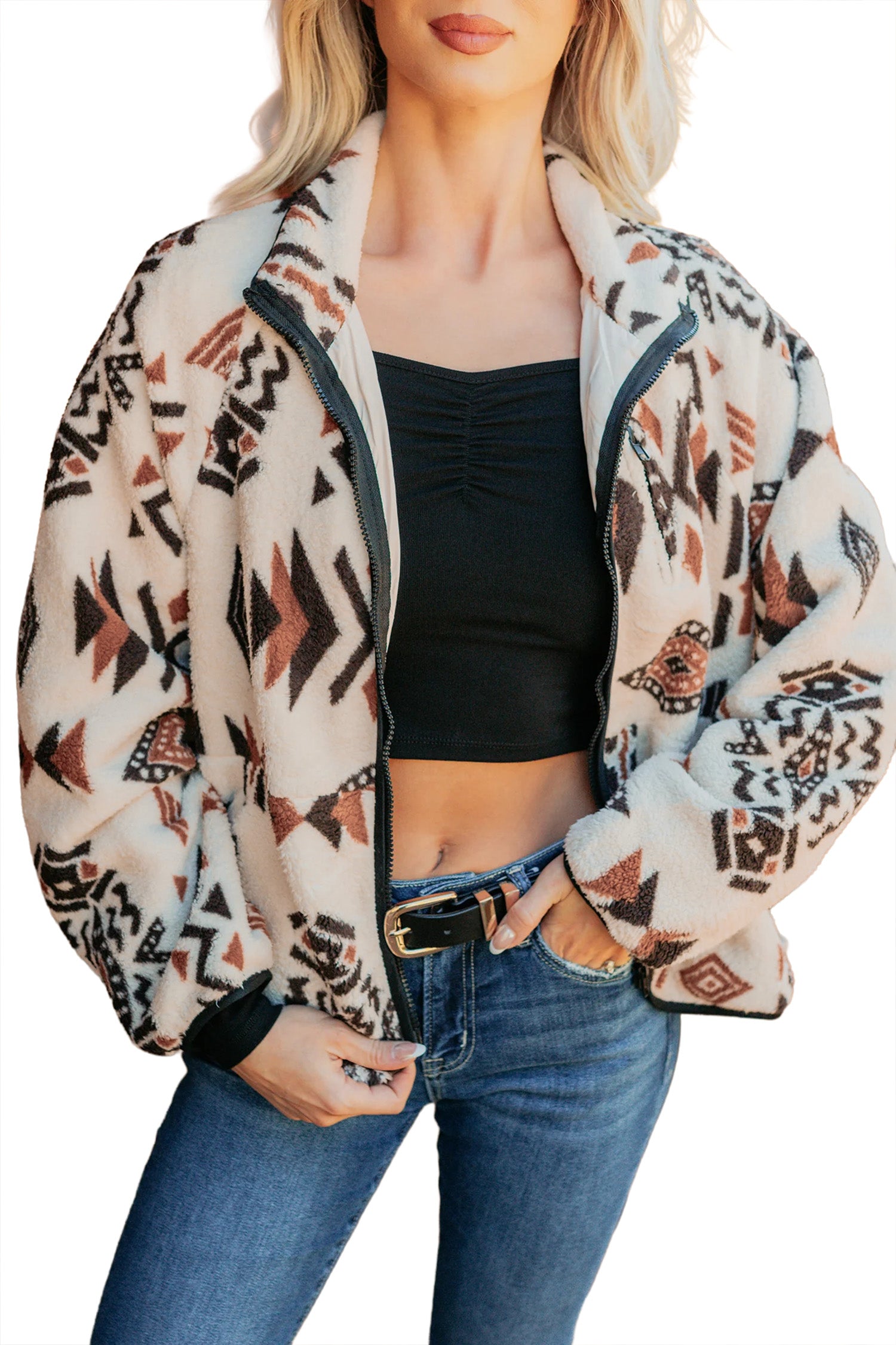 Beige Geometric Print Long Sleeve Shirt Collar Zip-up Placket Binding Tape Jacket