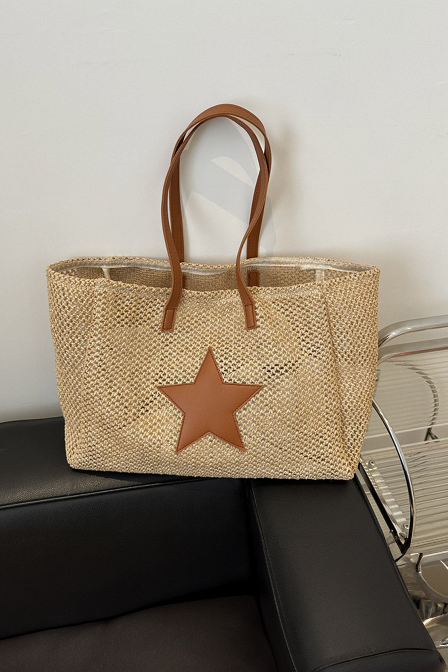 Parchment Boho Straw Woven Contrast Leather Star Detail Tote Bag