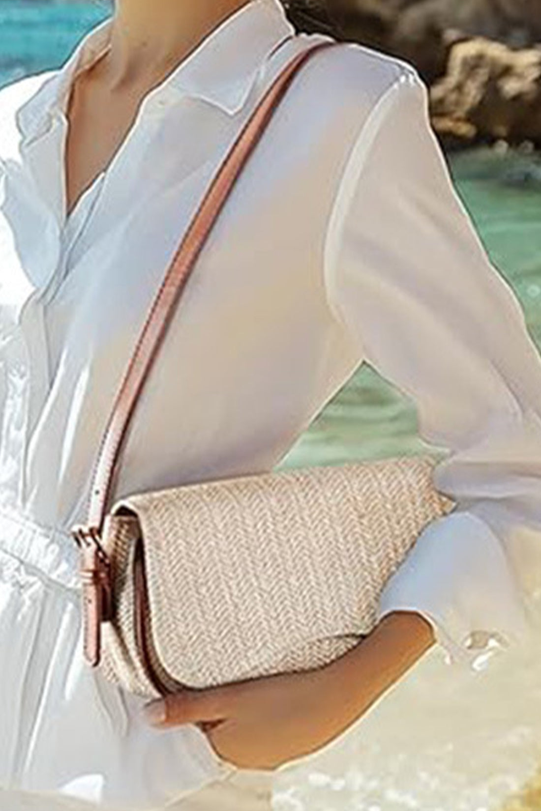 White Raffia Woven PU Leather Trim Shoulder Bag
