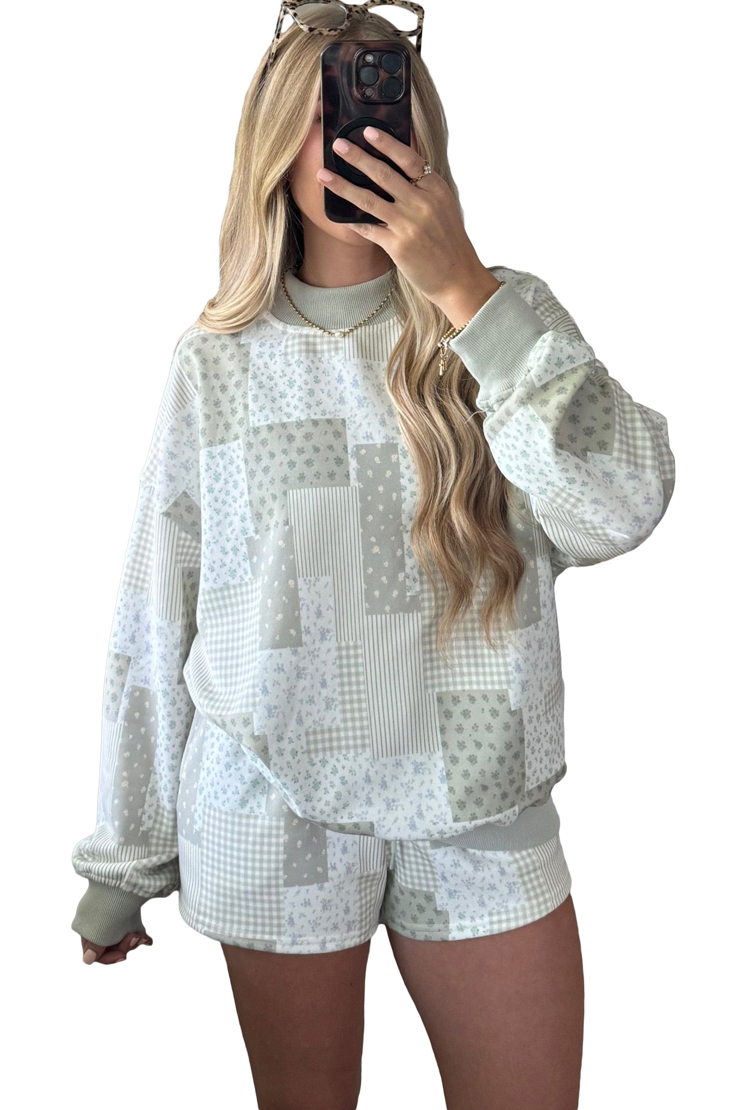 Green Patchwork Floral Print Drop Shoulder Baggy Pullover Drawstring Shorts Set