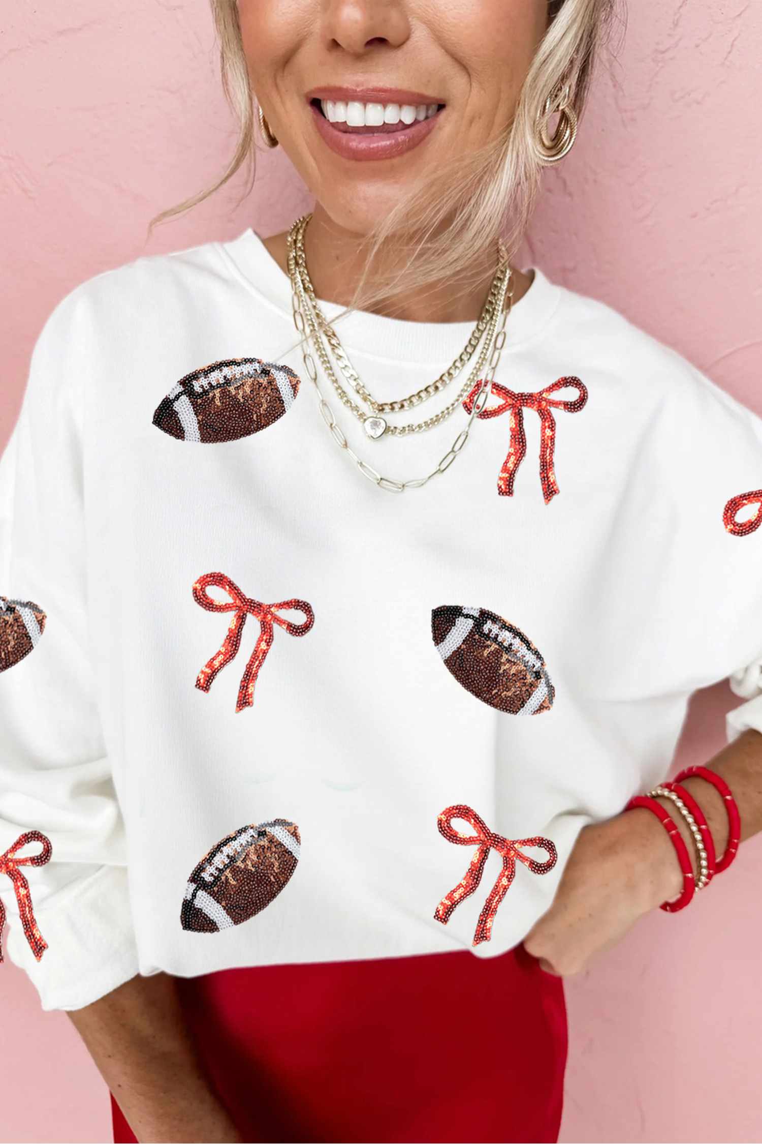 White Sequin Rugby Bow Graphic ODM Casual Pullover Sweatshirt