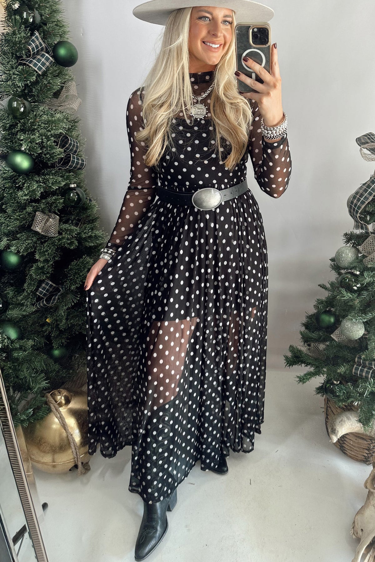 Black Polka Dot Pattern Mesh Long Sleeve Maxi Dress 2pcs Set
