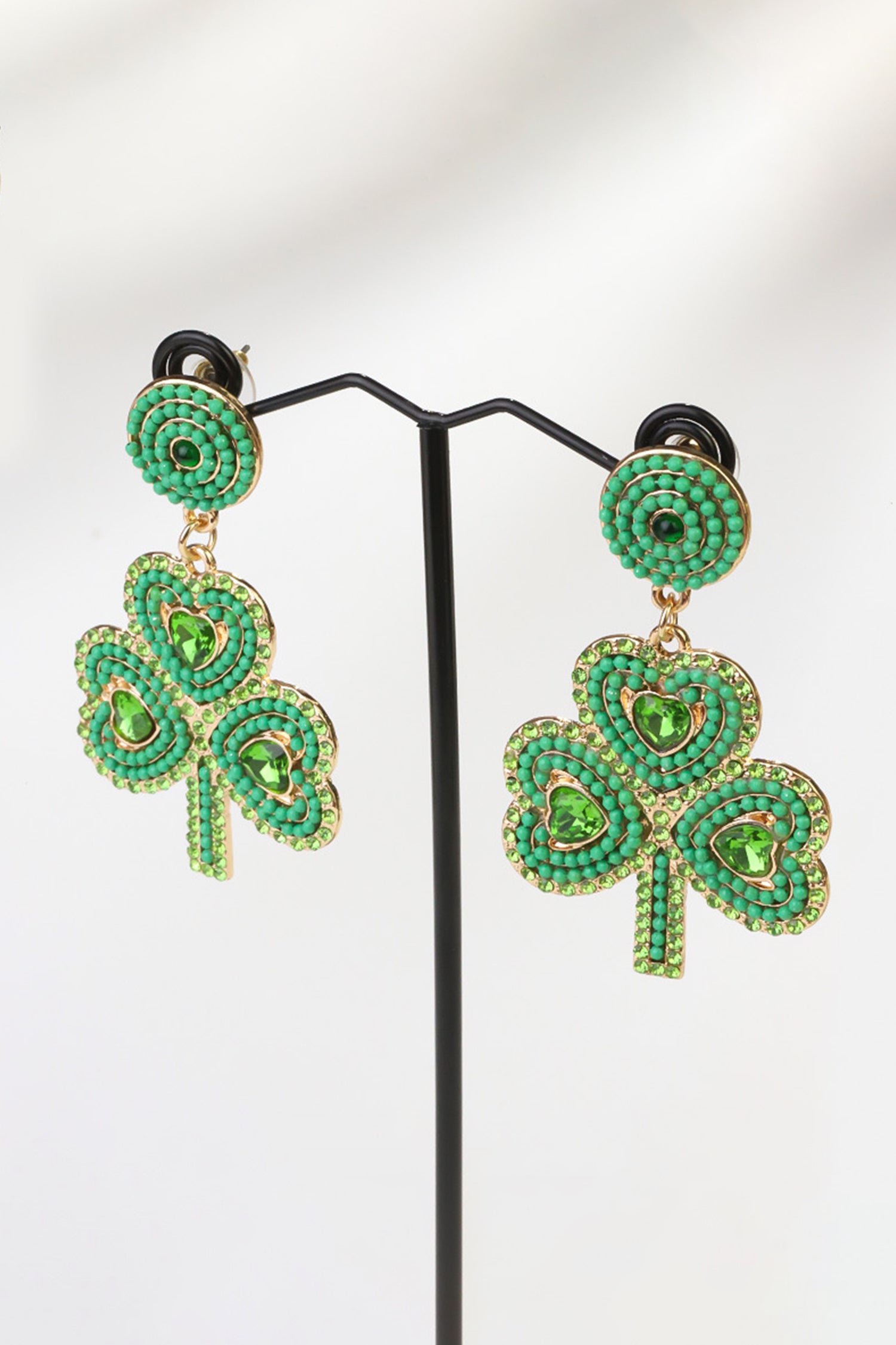 Green St Patrick Retro Beaded Clover Earrings