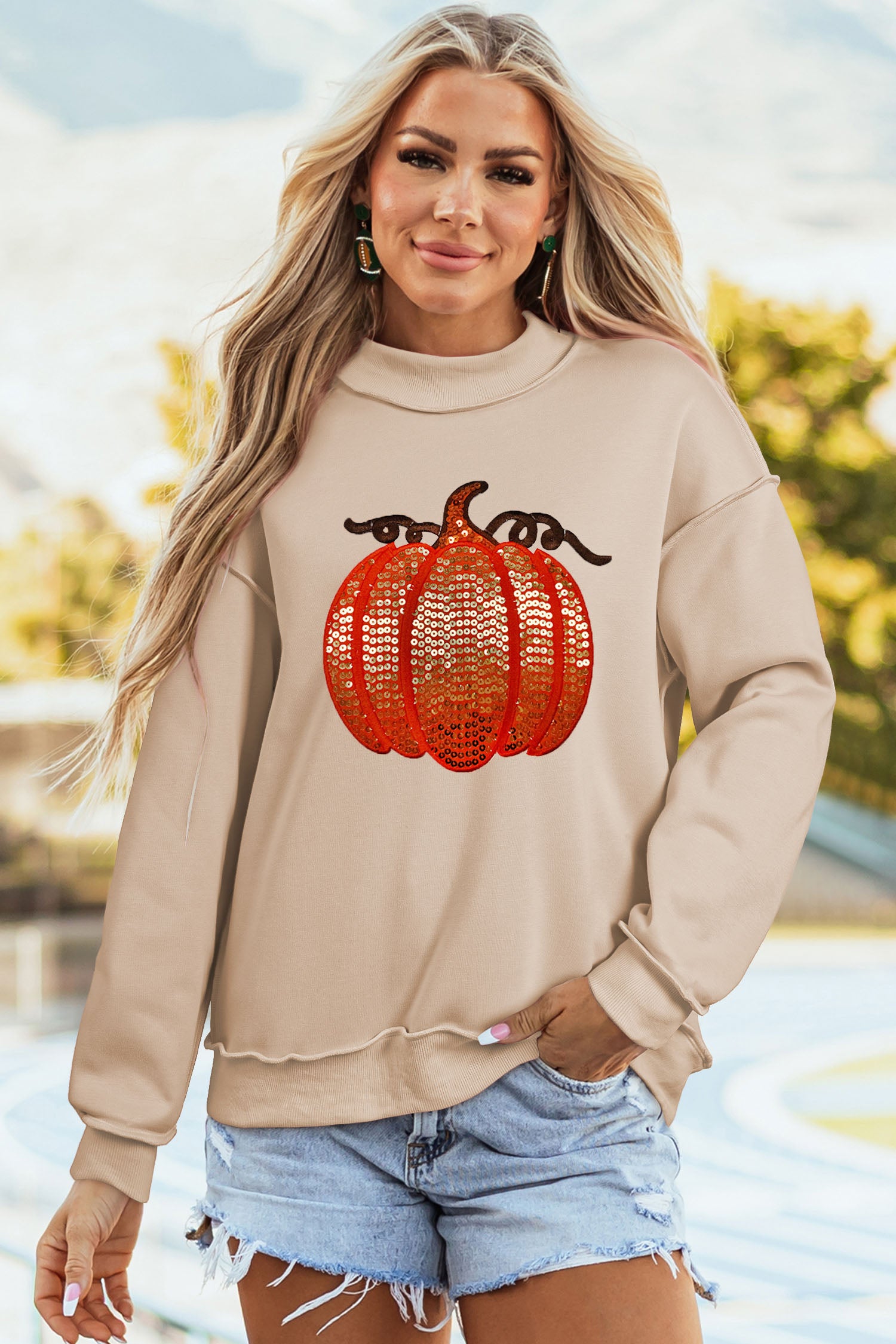 Apricot Sequined Pumpkin Graphic High Neck Baggy Sweatshirt