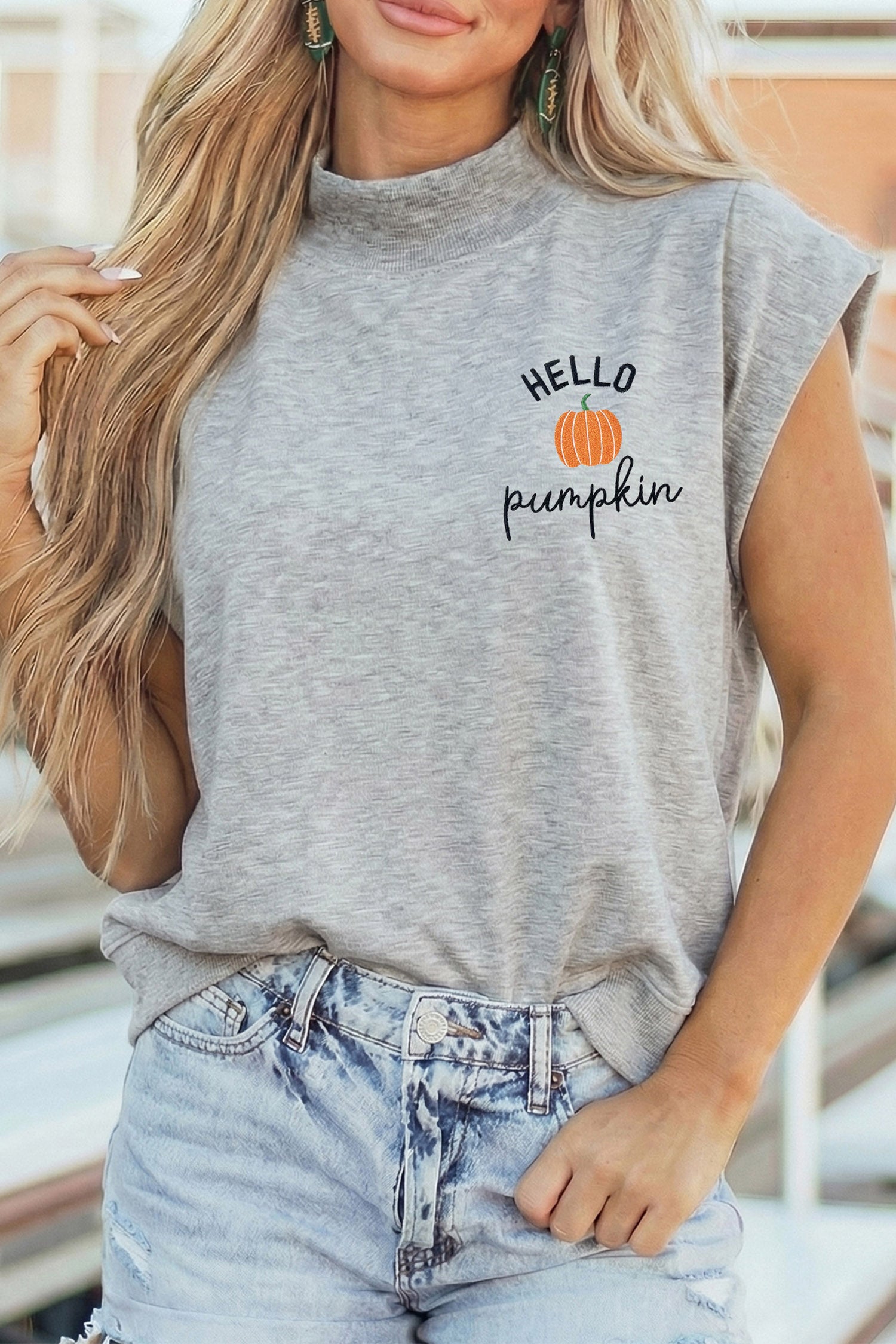 Light Grey HELLO Pumpkin Embroidered Graphic High Neck Cap Sleeve Top