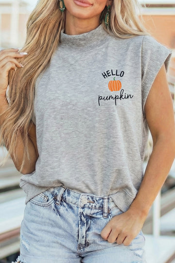 Light Grey HELLO Pumpkin Embroidered Graphic High Neck Cap Sleeve Top