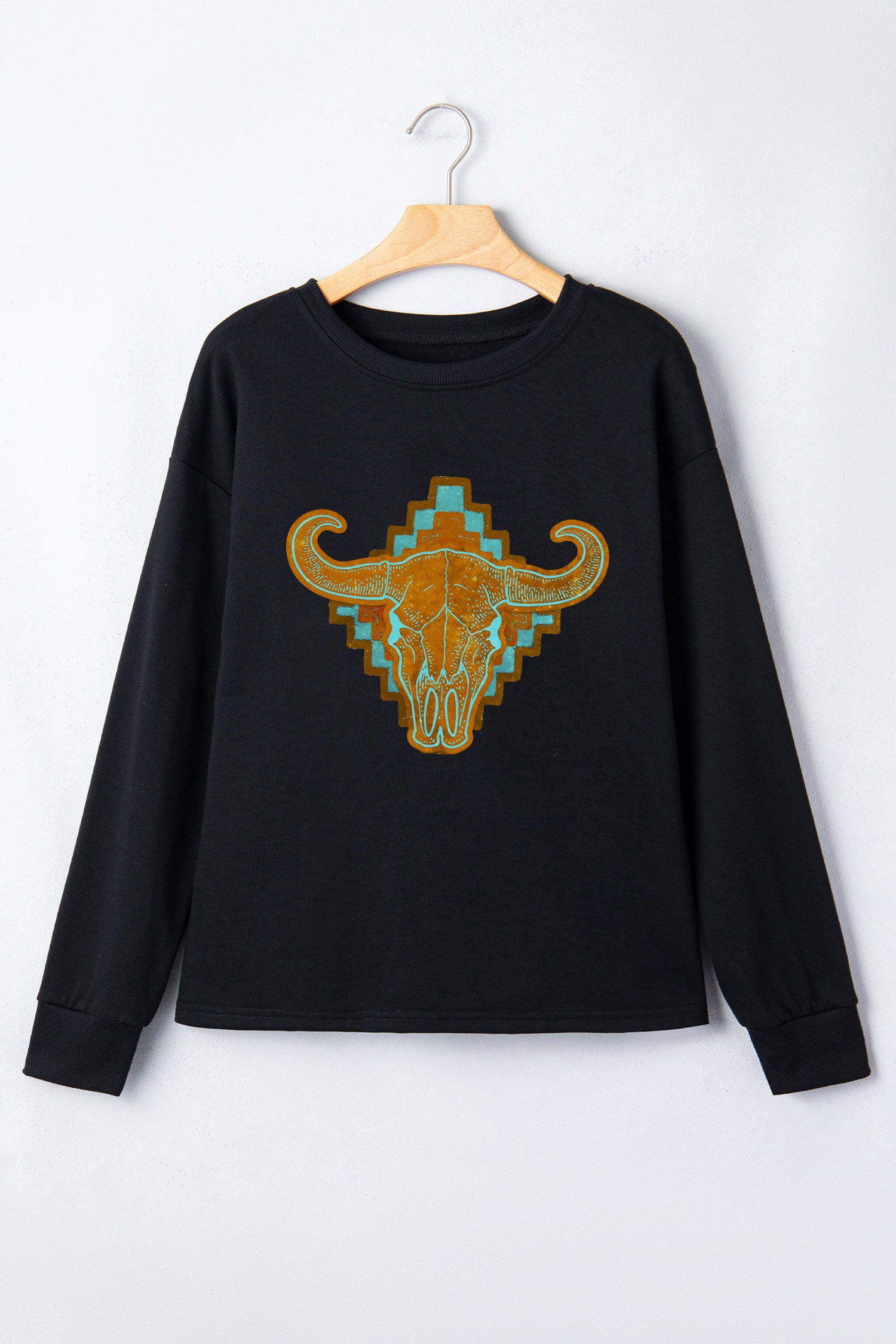 Black Western Steer Head Print Long Sleeve Round Neck Shift Top